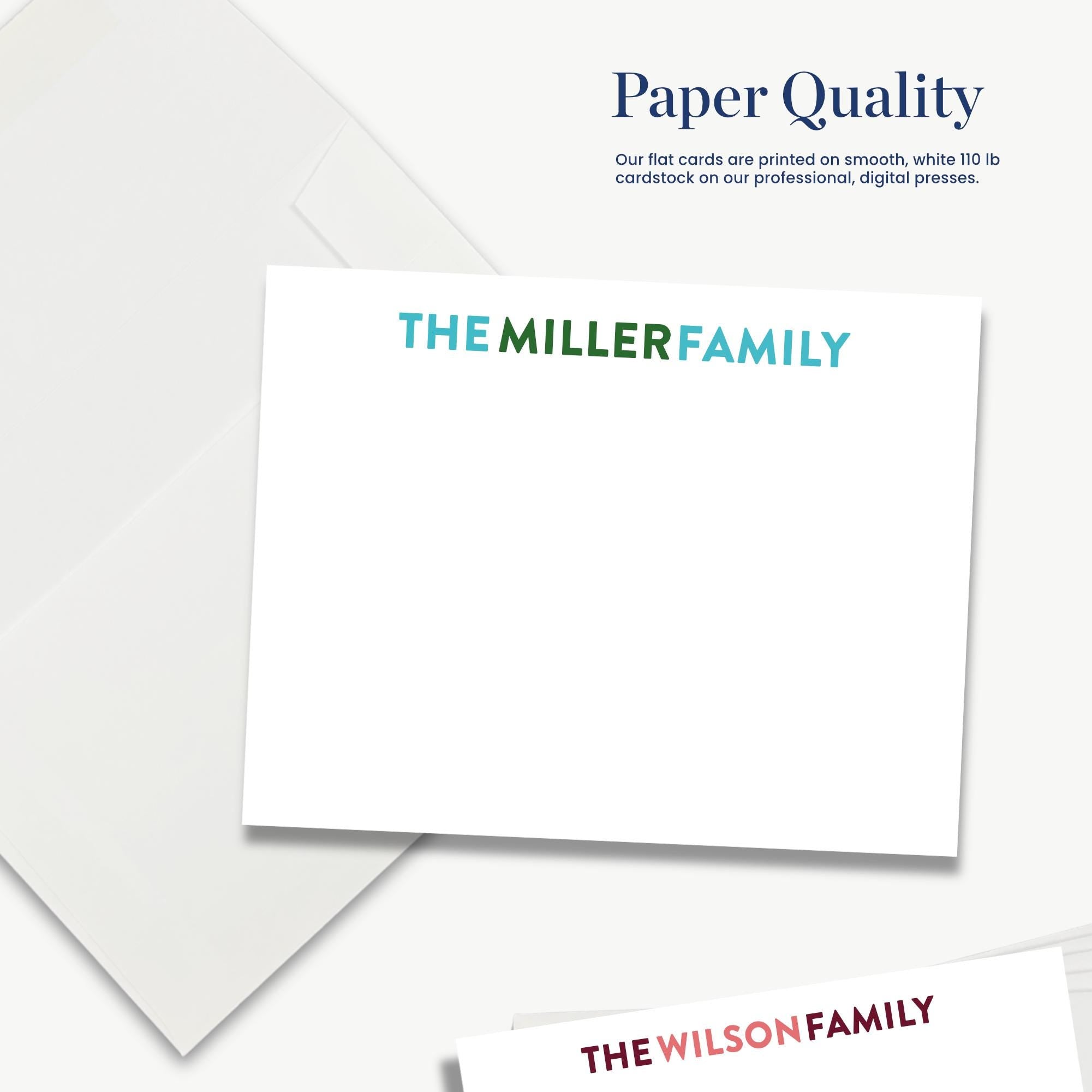 The image is a collage of multiple images, and I will describe the images individually rather than providing a long description of each one. The image includes a white envelope with a family name on it, a white cardstock, and a white background.