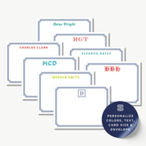 a collection of personalized name cards with various names and monograms, including Charles Clark, RGT, Eleanor Hayes, MCD, and Morgan Smith. The cards are arranged in a row, showcasing the different names and monograms.