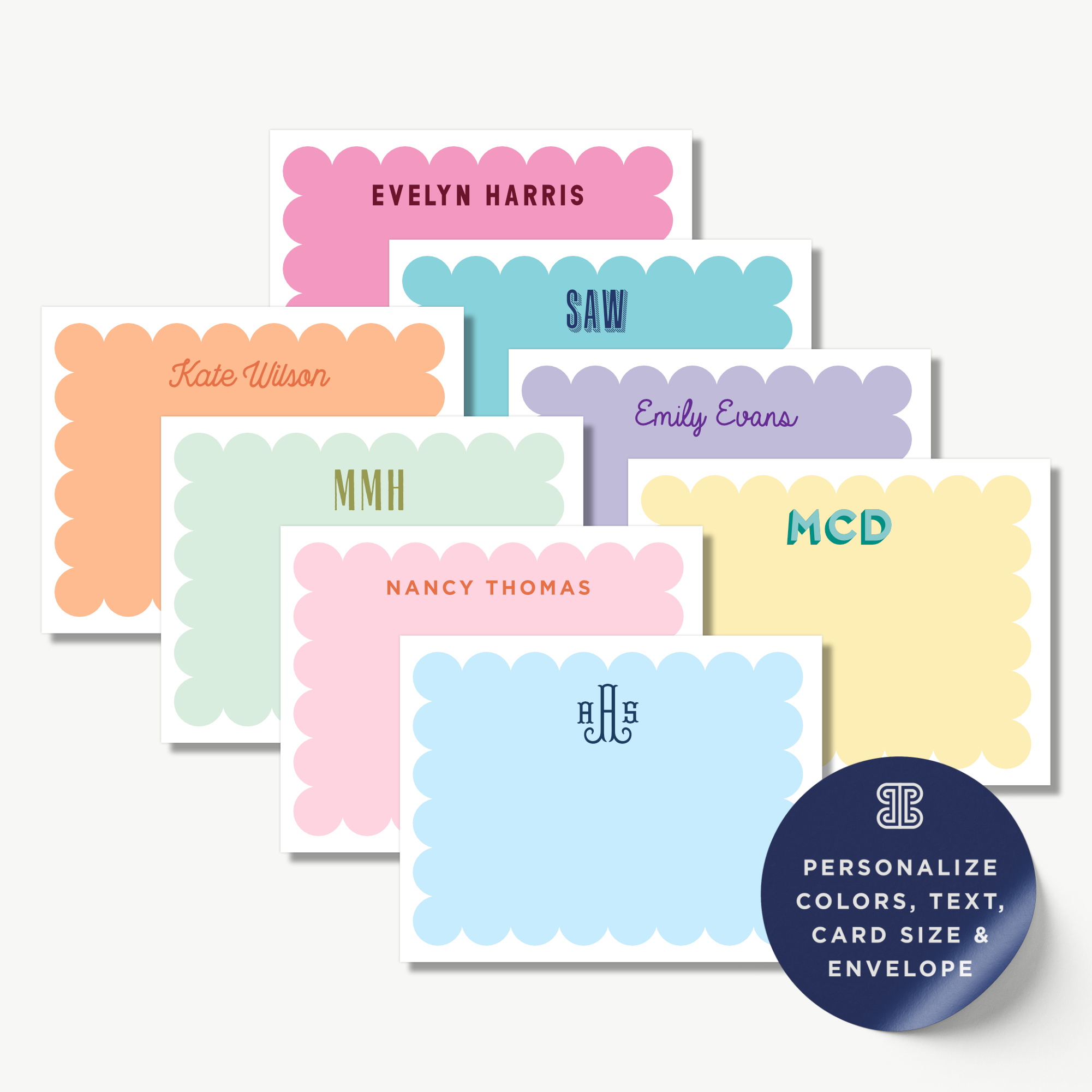 a collection of personalized name cards with various names and monograms, including Evelyn Harris, Kate Wilson, Emily Evans, and Nancy Thomas. The cards are arranged in a row, showcasing the different colors and sizes available.