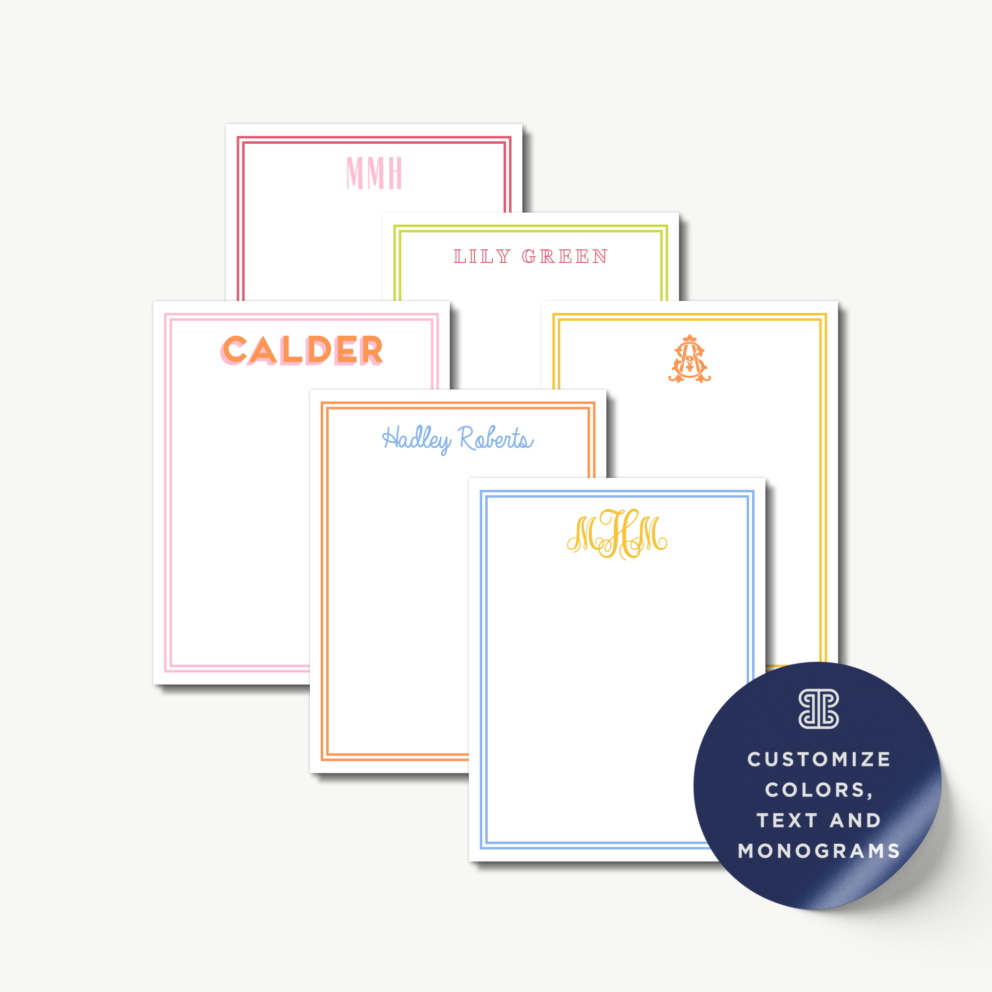 a collection of personalized stationery items, including name cards and monogrammed designs.