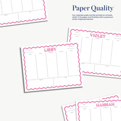 three sheets of paper with names and a schedule, each with a pink border and a wavy edge. The names are "Hannah", "Lilly", and "Hannah". The sheets are arranged in a vertical column, with the first sheet on the left, the second sheet in the middle, and the third sheet on the right.