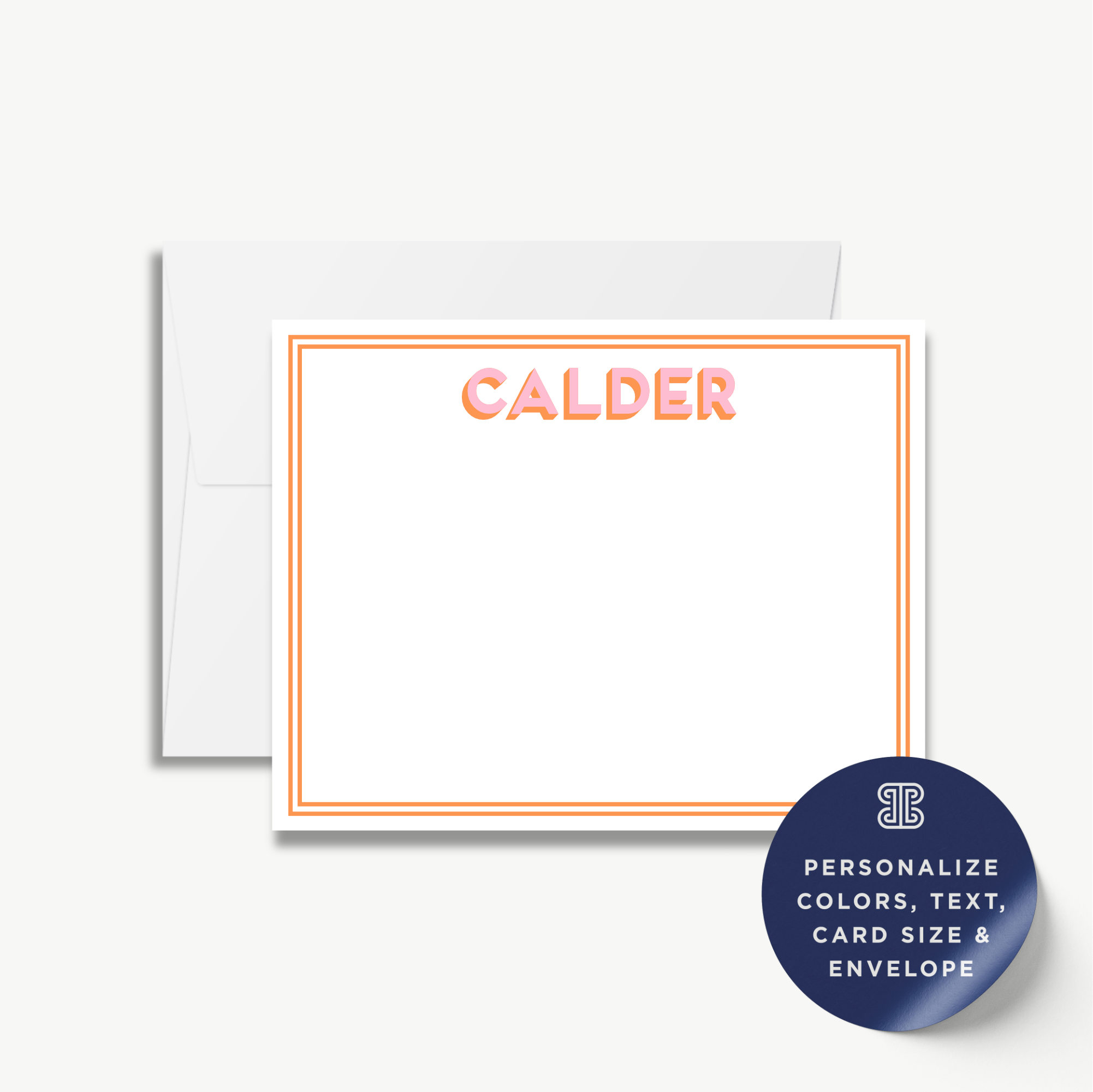 a blank personalized note card with the name "CALDER" written on it, along with a label indicating that the card can be personalized with colors, text, card size, and envelope.