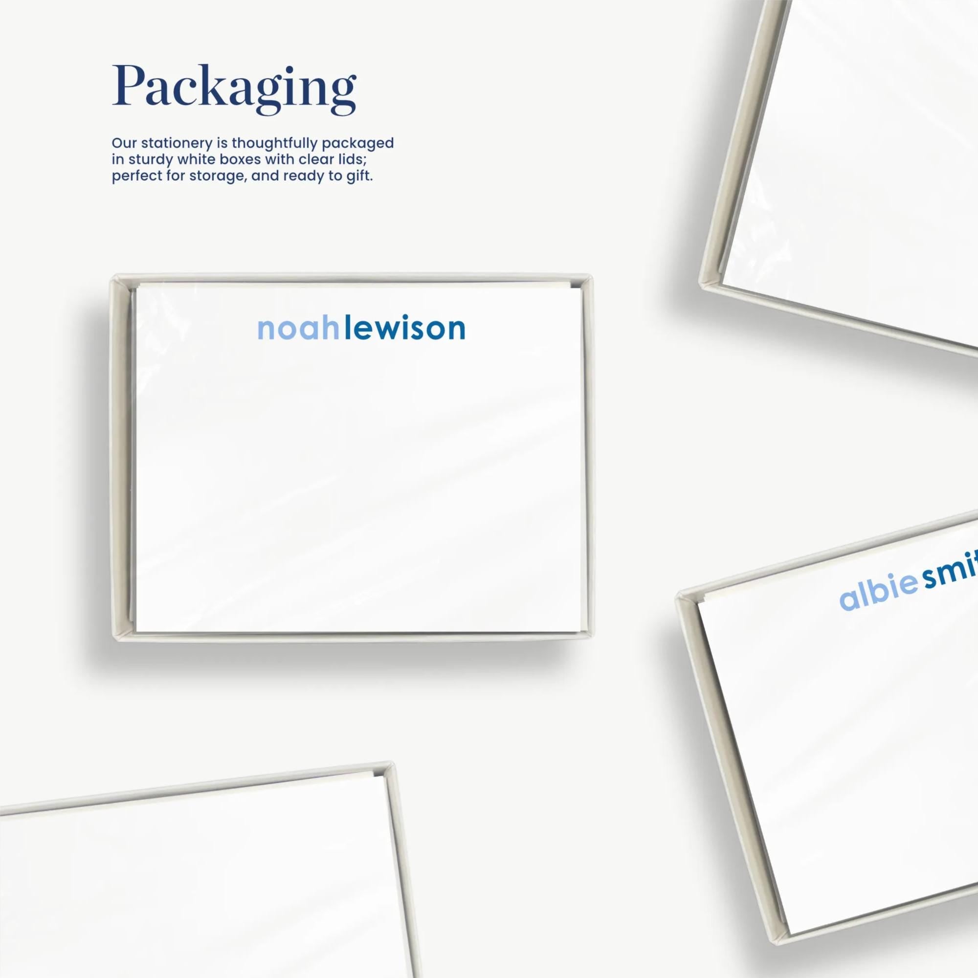 The image is a collage of several white boxes with clear lids, each labeled with the name of a company, including Noah Lewison and Albie Smith.