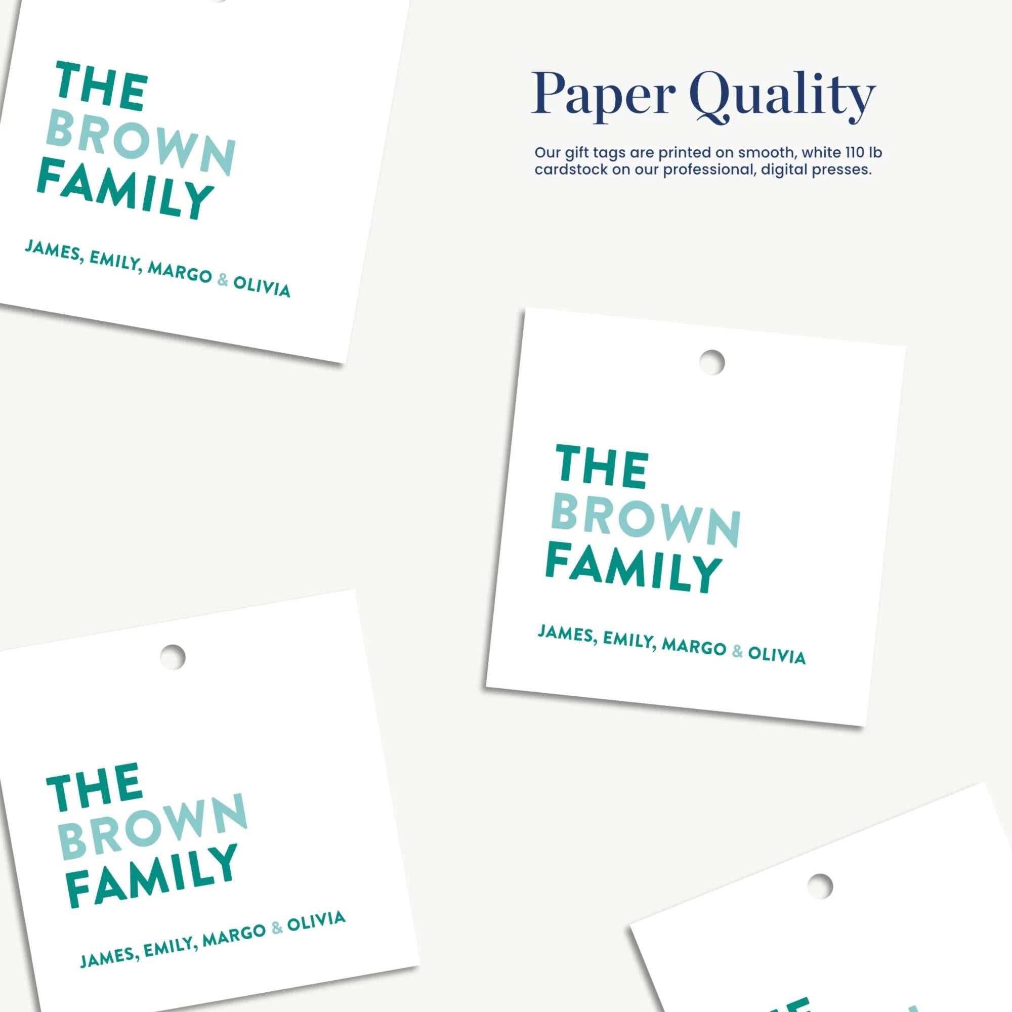 a collection of four white tags with text printed on them, each featuring a different name and the word "THE BROWN FAMILY".