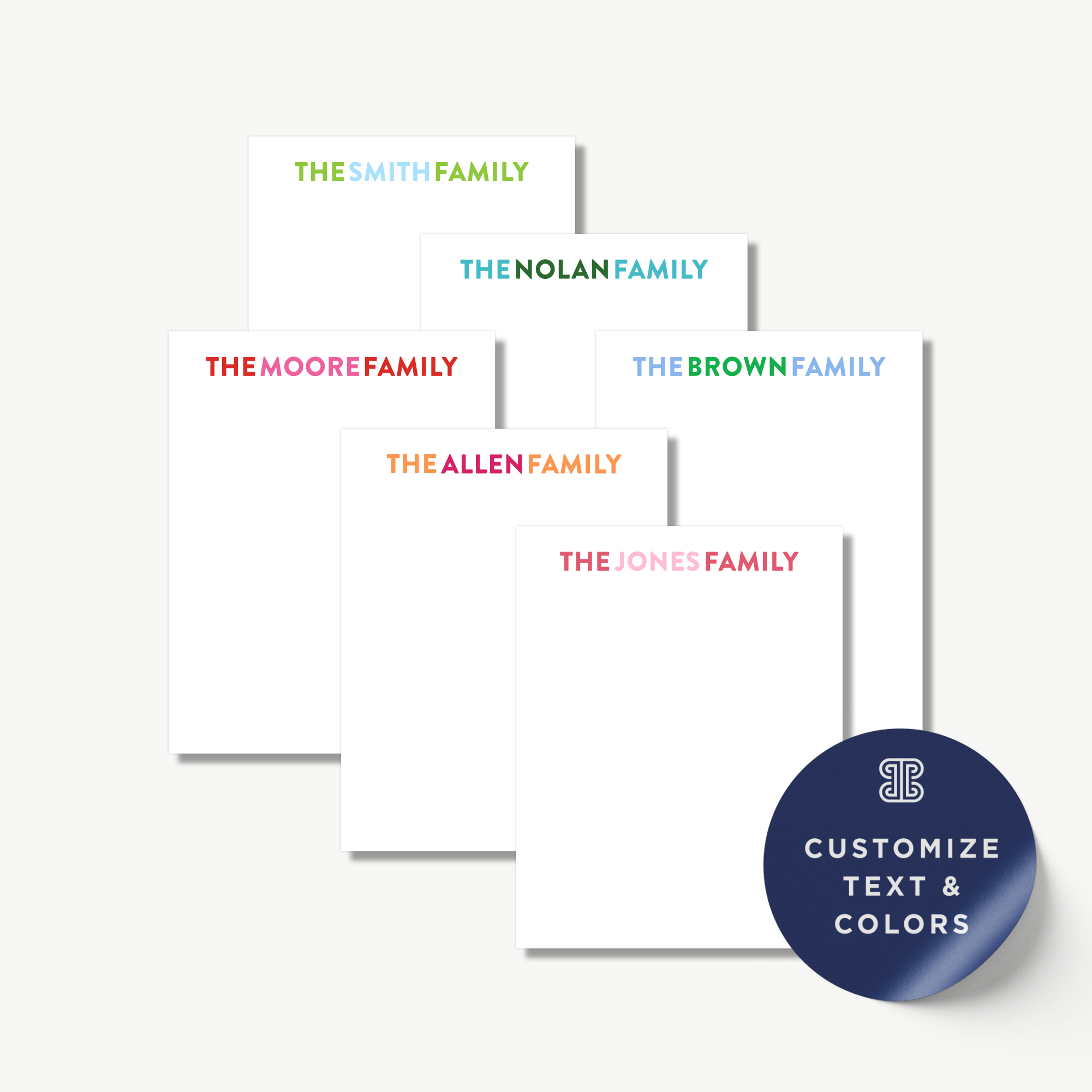 a set of six blank notepads with the names of different families printed on them, along with a sticker that says "CUSTOMIZE TEXT & COLORS".