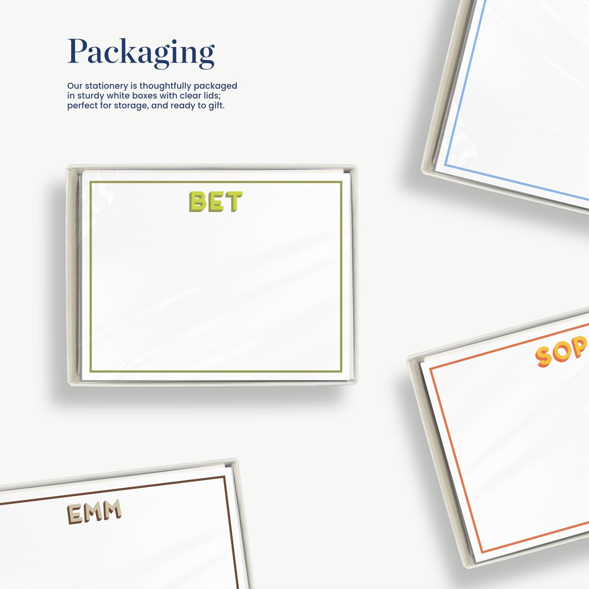 The image is a collage of three different stationery boxes, each with a unique label. The boxes are labeled with the words "BET", "SOP", and "EMM". The boxes are neatly arranged on a white background, showcasing their contents.