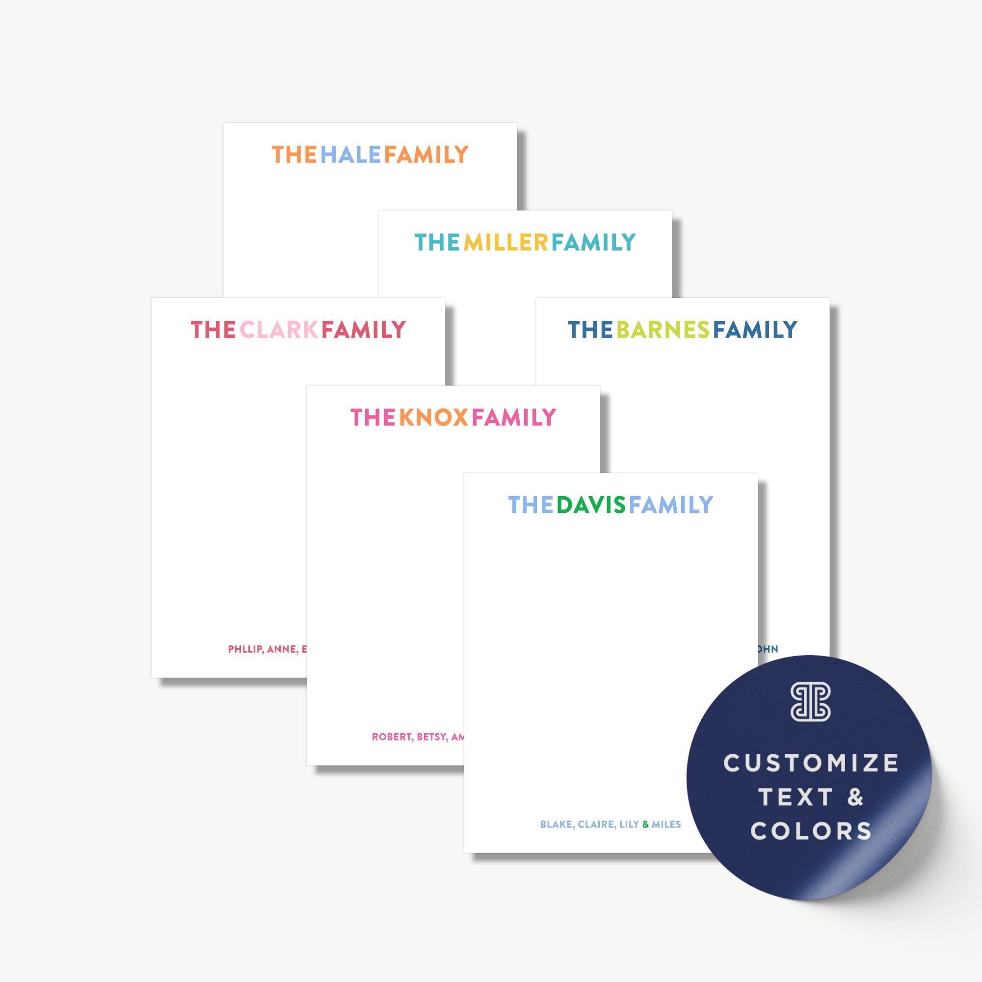 a set of personalized stationery items with names printed on them, along with a sticker that says "Customize Text & Colors".