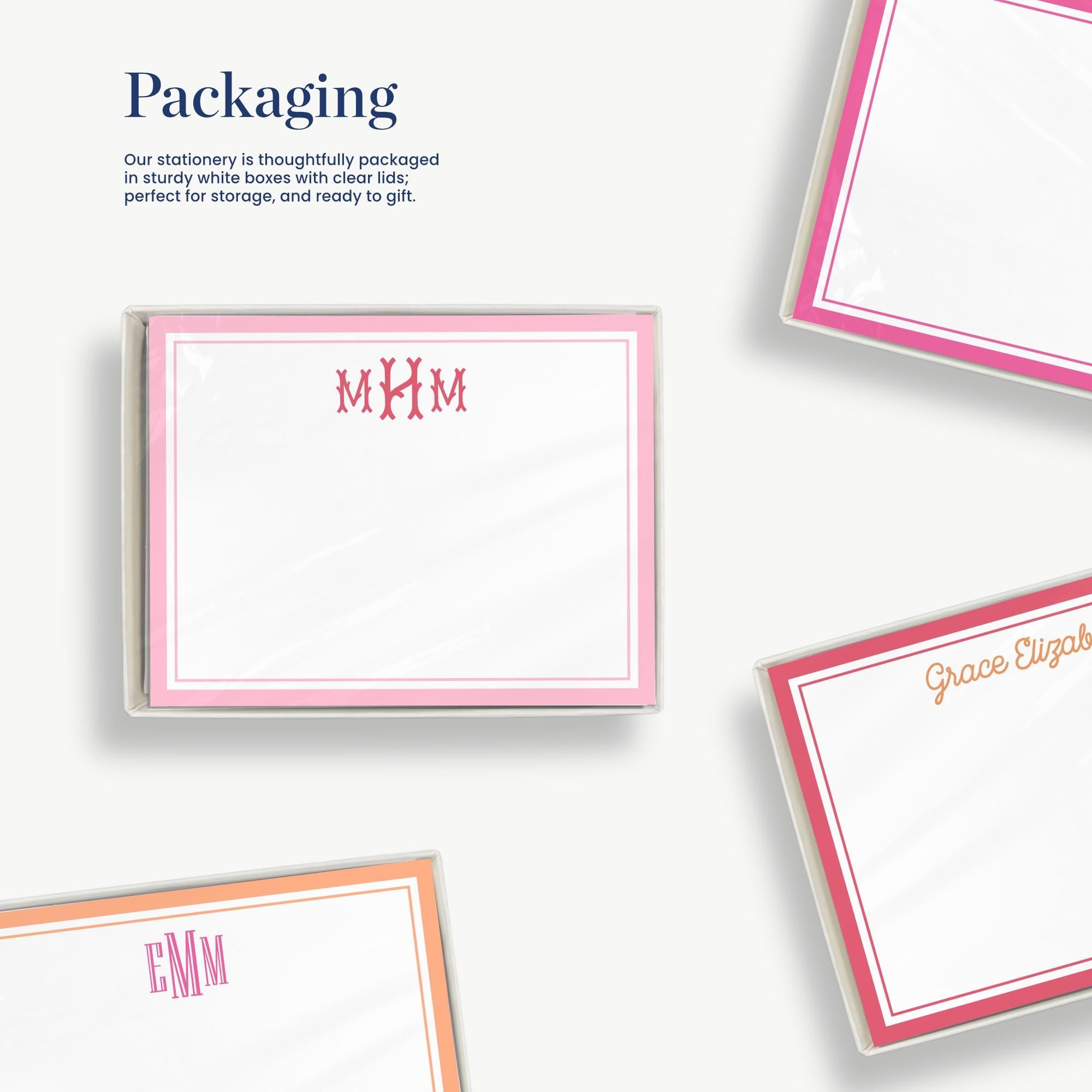 a collection of personalized stationery items, including name cards and envelopes, each with a unique monogram or name.