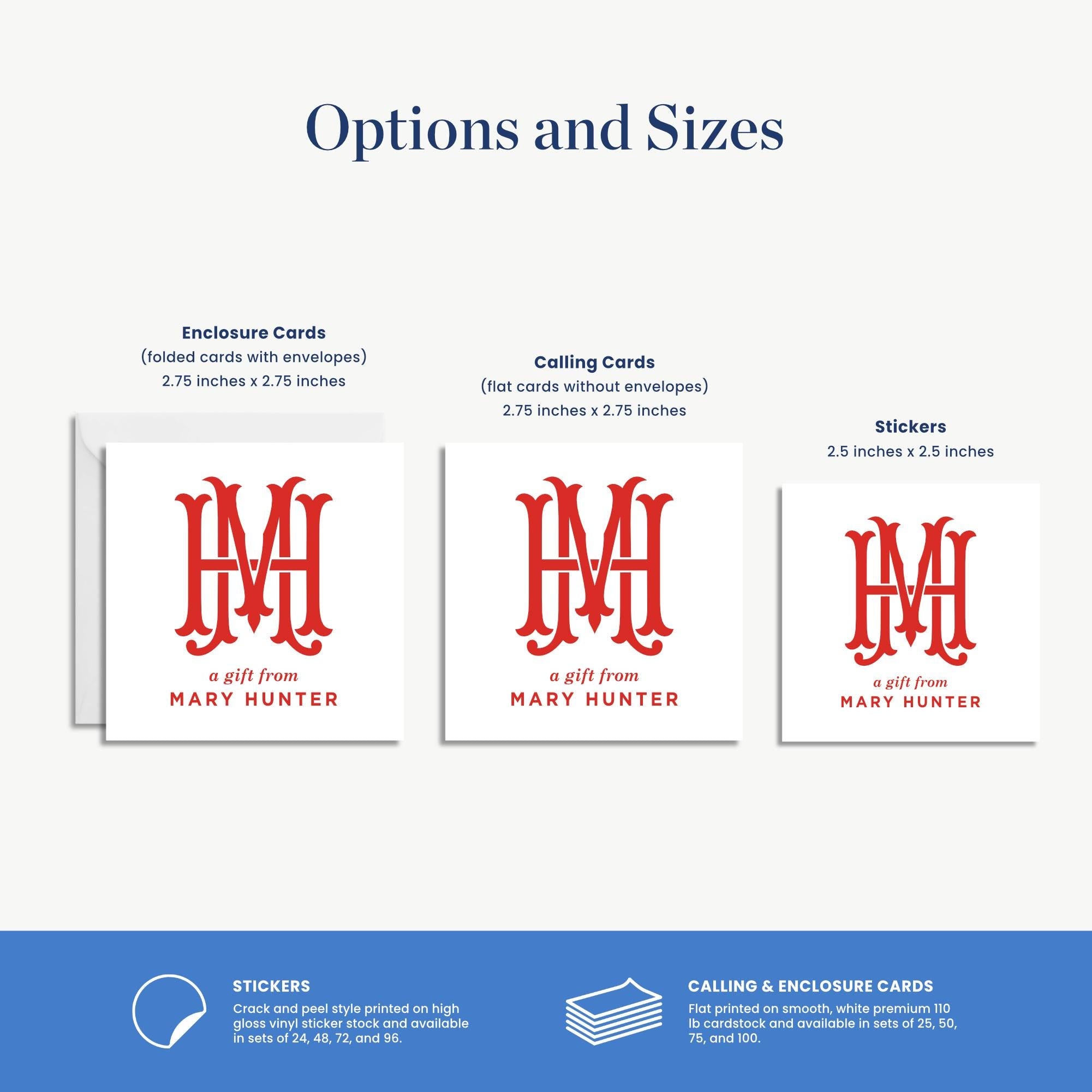 three different types of cards: Enclosure Cards, Calling Cards, and Stickers. Each card has a distinct size and design, with Enclosure Cards being 2.75 inches x 2.75 inches, Calling Cards being 2.75 inches x 2.75 inches, and Stickers being 2.5 inches x 2.5 inches.