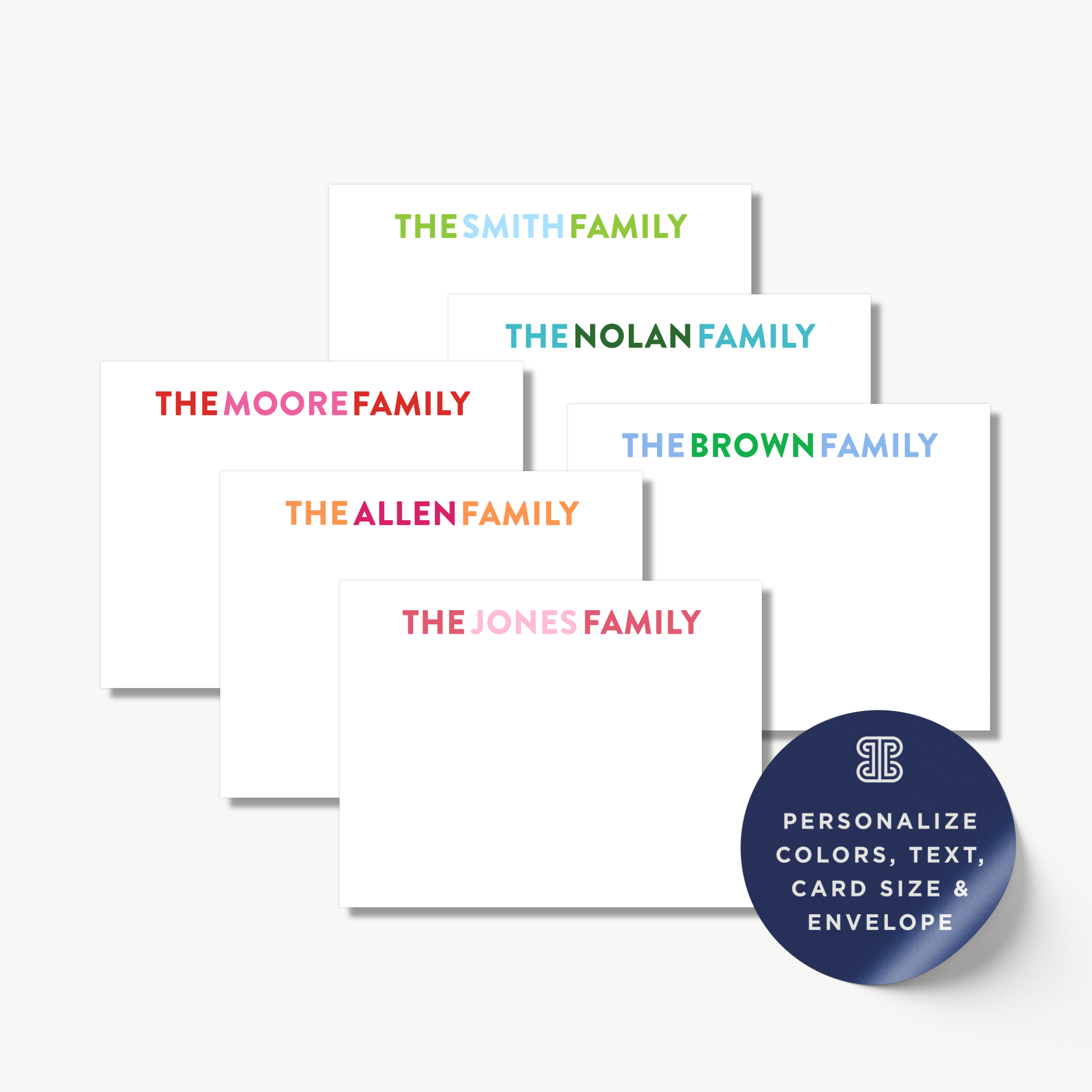 six personalized note cards with different names on them, arranged in a grid-like pattern.