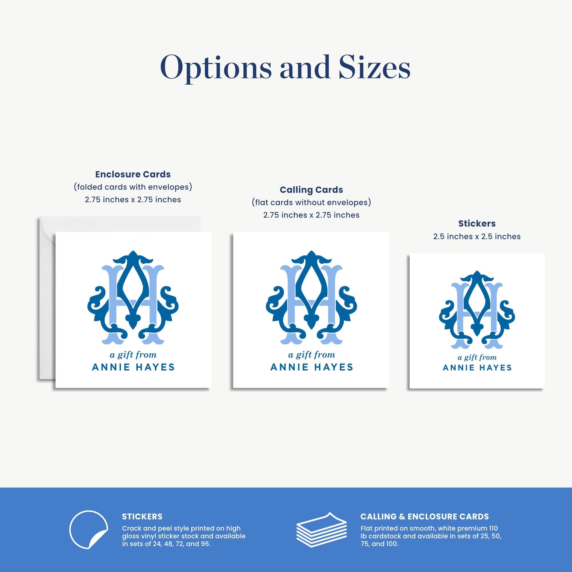 three different options and sizes of enclosures and stickers, along with a description of each option and size.