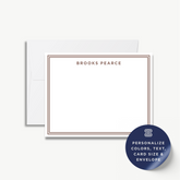 a blank personalized stationery card with the name "Brooks Pearce" printed on it, along with a label indicating that the card can be personalized with colors, text, card size, and envelope.