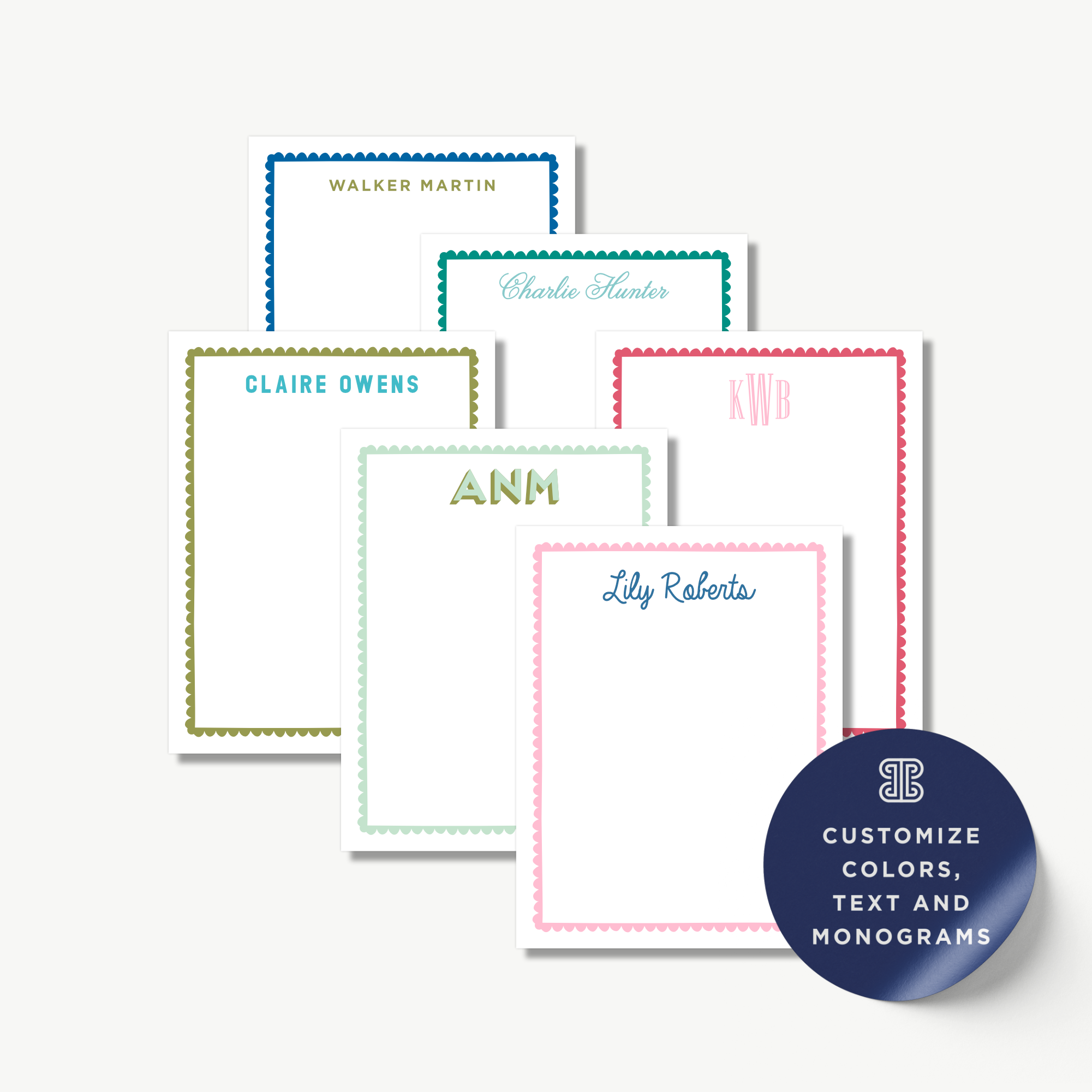 a collection of personalized stationery items, including name cards and monogrammed designs.
