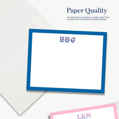 a white envelope with a blue border, and a blank card with a pink border inside it. The text "Paper Quality" is visible, along with a description of the paper quality.