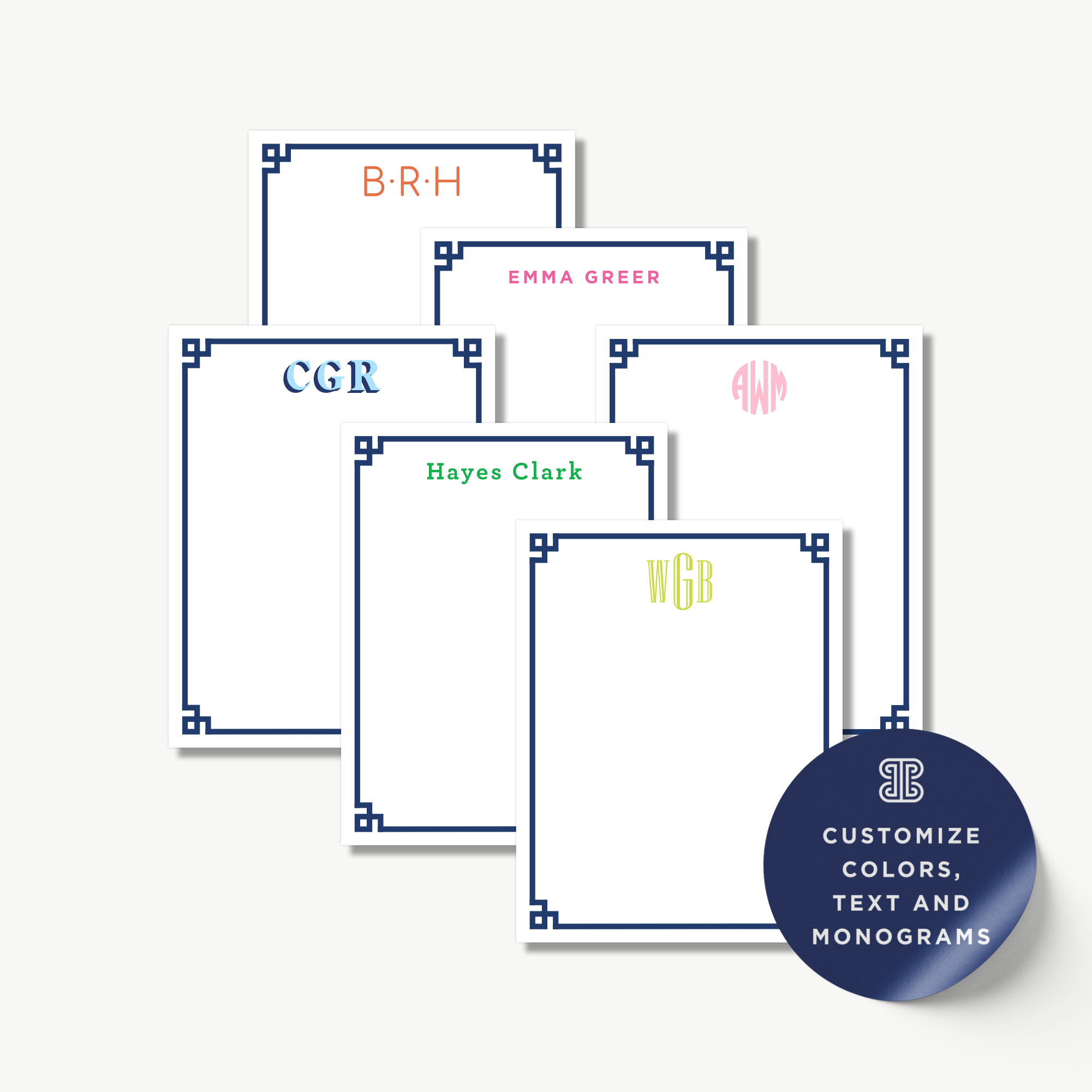 a collection of personalized stationery items with various names and monograms, including a set of blank cards with names and monograms, as well as a round sticker promoting customization options for colors, text, and monograms.