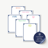a collection of personalized stationery items with various names and monograms, including a set of blank cards with names and monograms, as well as a round sticker promoting customization options for colors, text, and monograms.