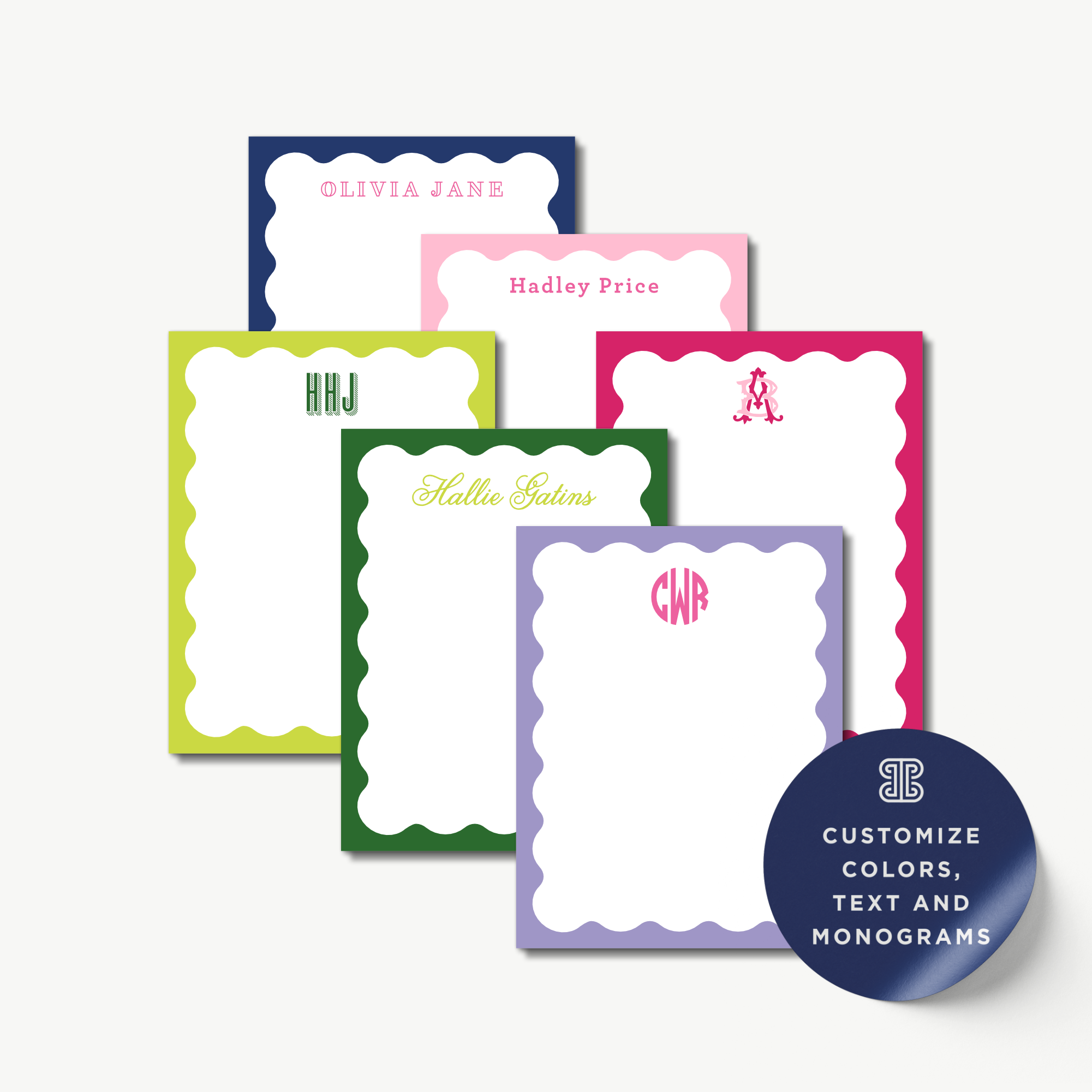 a collection of personalized notepads with scalloped edges and monogrammed initials, including names and initials such as "Olivia Jane", "Hannah Price", "Khloe Gals", and "CWR". The notepads are available in various colors, and there is a sticker in the bottom right corner that encourages customization of colors, text, and monograms.