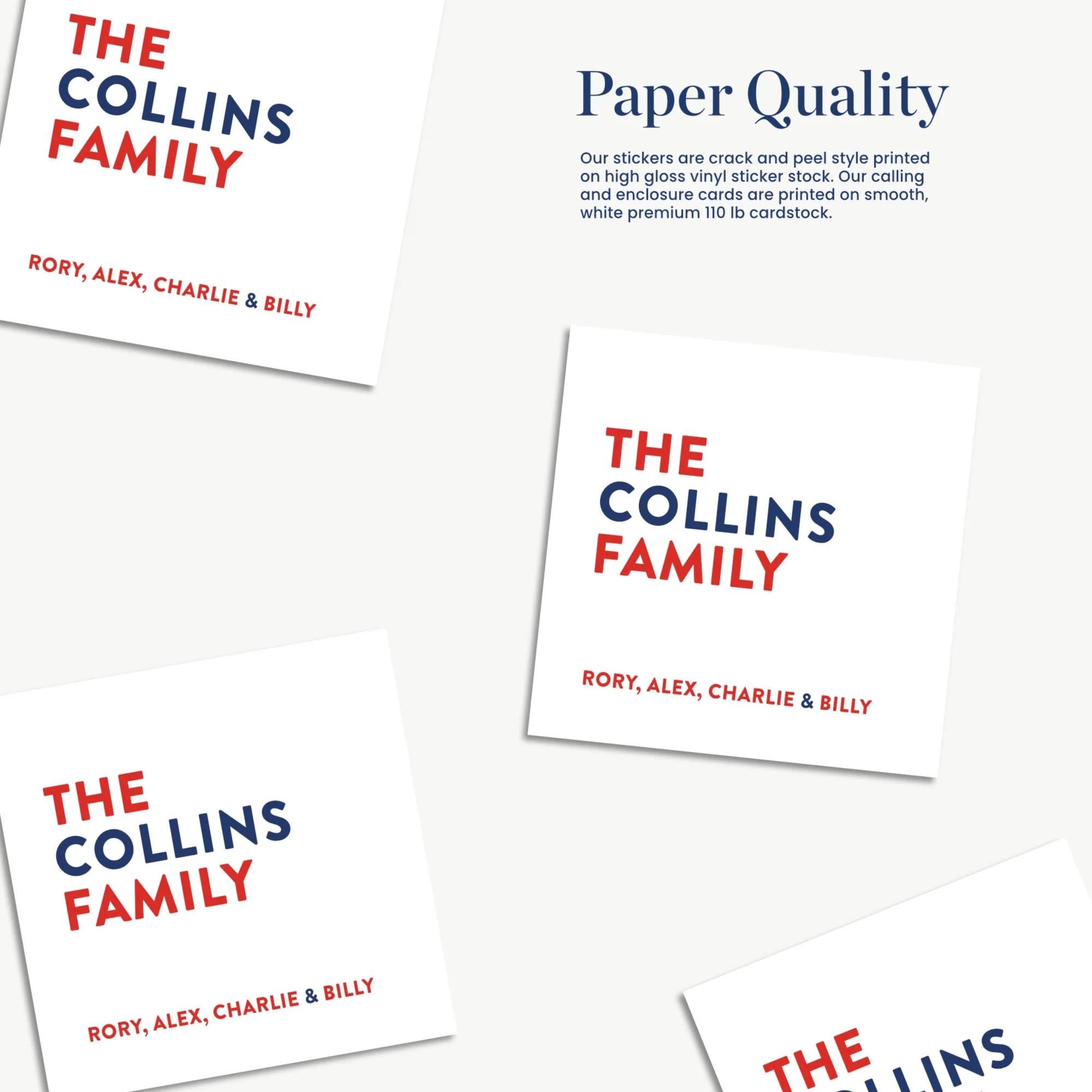 four identical stickers with the text "THE COLLINS FAMILY" printed on them.