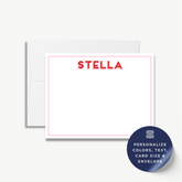 a blank personalized stationery card with the name "Stella" written on it, along with a label indicating that the card can be personalized with colors, text, card size, and envelope.