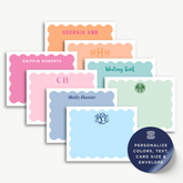 a collection of personalized postcards with names and monogrammed initials on them, along with a label that says "Personalize Colors, Text, Card Size & Envelope".