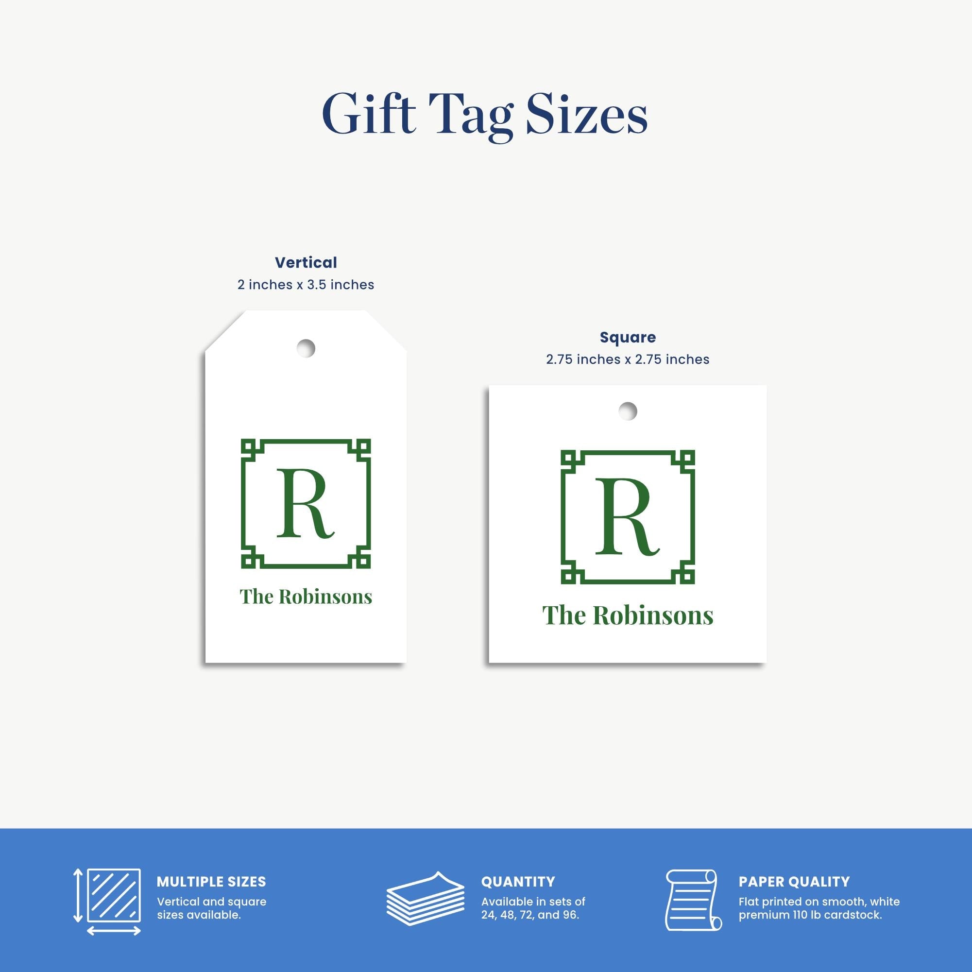 gift tag sizes for The Robinsons, including vertical and square sizes, as well as multiple sizes available.