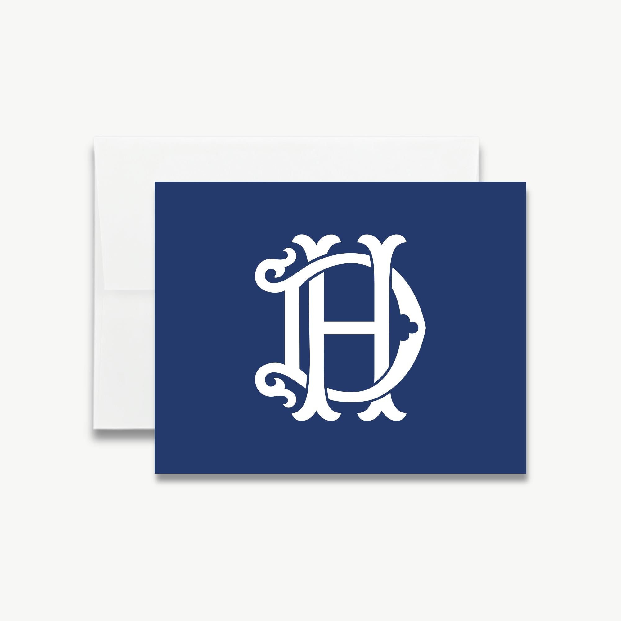 a blue background with a white monogram consisting of the letters 'D' and 'H' in an ornate, decorative style.
