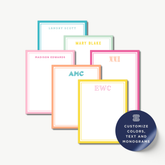 a collection of personalized name cards with various names and initials on them, along with a sticker that says "Customize Colors, Text and Monograms".