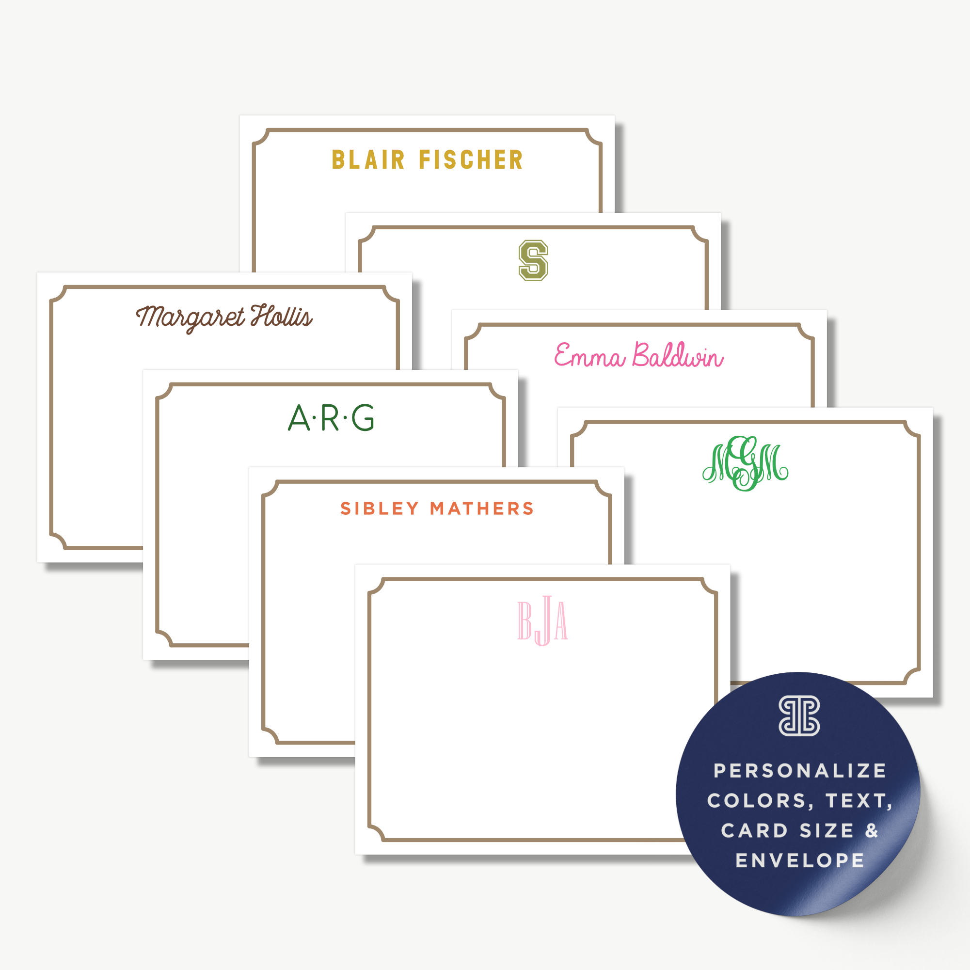 a collection of personalized name cards with various names and monograms, including names like "Blair Fischer", "Margaret Hollis", "Emma Baldwin", "ARG", "Sibley Mathers", and "BJA". The cards are arranged in a row, with each card having a unique monogram and color. The image also includes a text that reads "Personalize COLORS, TEXT, CARD SIZE & ENVELOPE" and "LESS THAN 500 CHARACTERS".