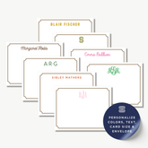 a collection of personalized name cards with various names and monograms, including names like "Blair Fischer", "Margaret Hollis", "Emma Baldwin", "ARG", "Sibley Mathers", and "BJA". The cards are arranged in a row, with each card having a unique monogram and color. The image also includes a text that reads "Personalize COLORS, TEXT, CARD SIZE & ENVELOPE" and "LESS THAN 500 CHARACTERS".