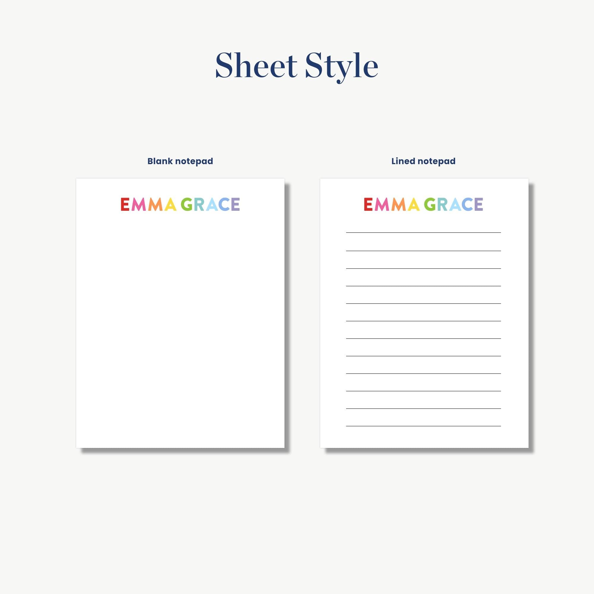 two blank notepads with the name 'Emma Grace' printed on them. The notepads are labeled as blank pads and lined pads, indicating that they are designed for writing and note-taking purposes.