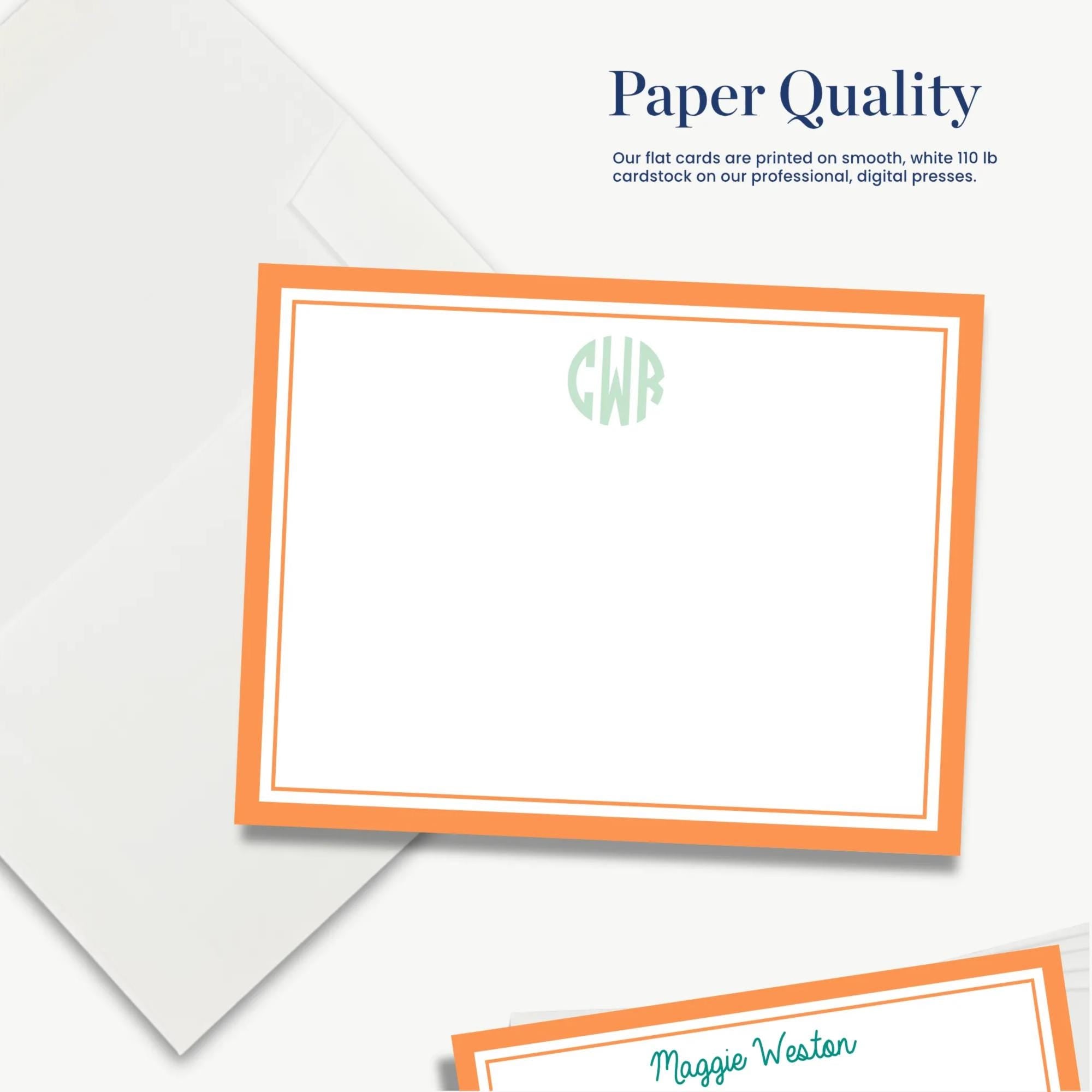 a set of blank cards with a personalized monogram, and a white envelope with a personalized monogram. The text above the cards reads "Paper Quality" and below the cards, it says "Our cards are printed on smooth, unlike our cardboard presses. Digital presses."