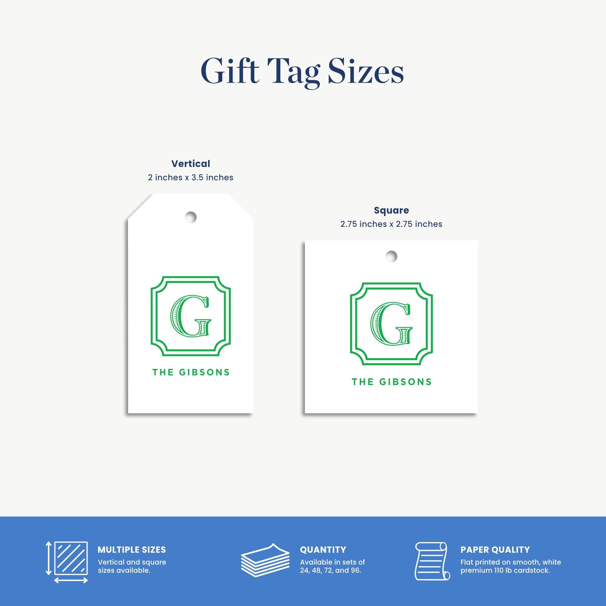 gift tag sizes for vertical and square tags, along with information about their paper quality and quantity.