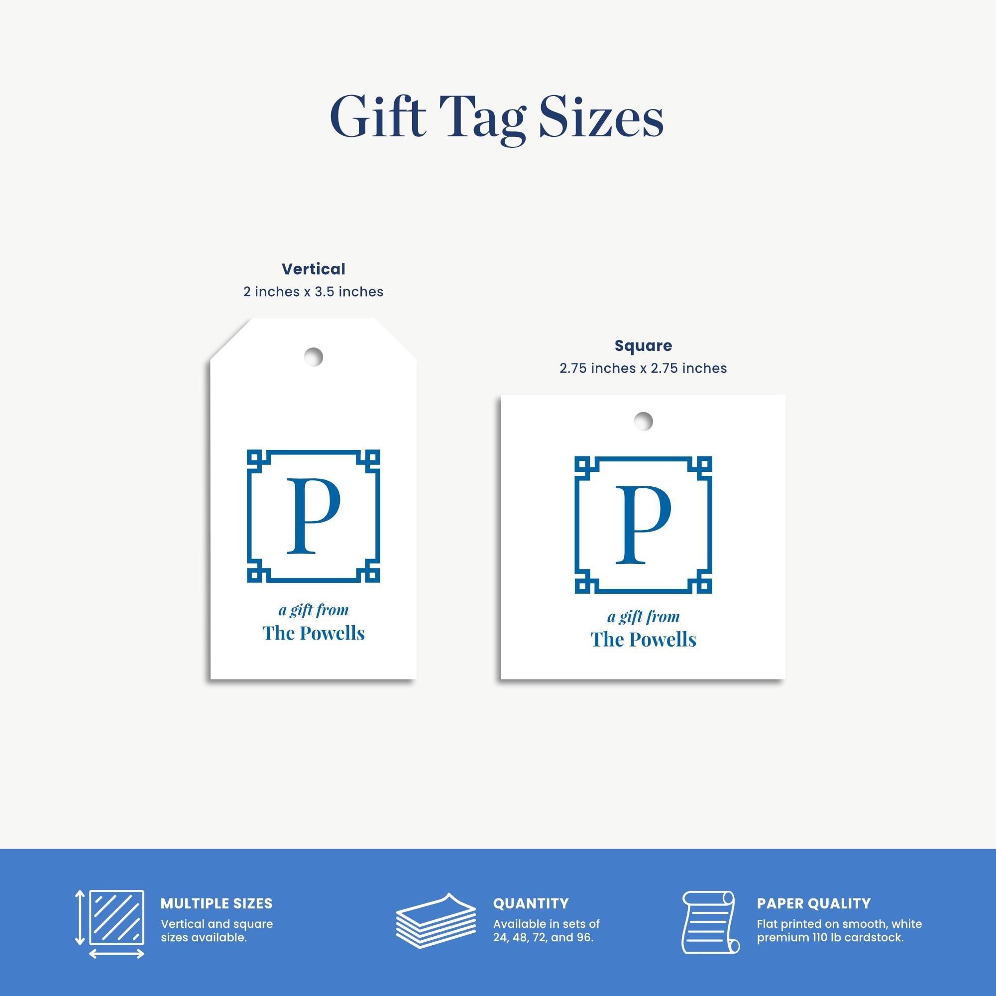 gift tag sizes for vertical and square tags, along with information about their paper quality and quantity.