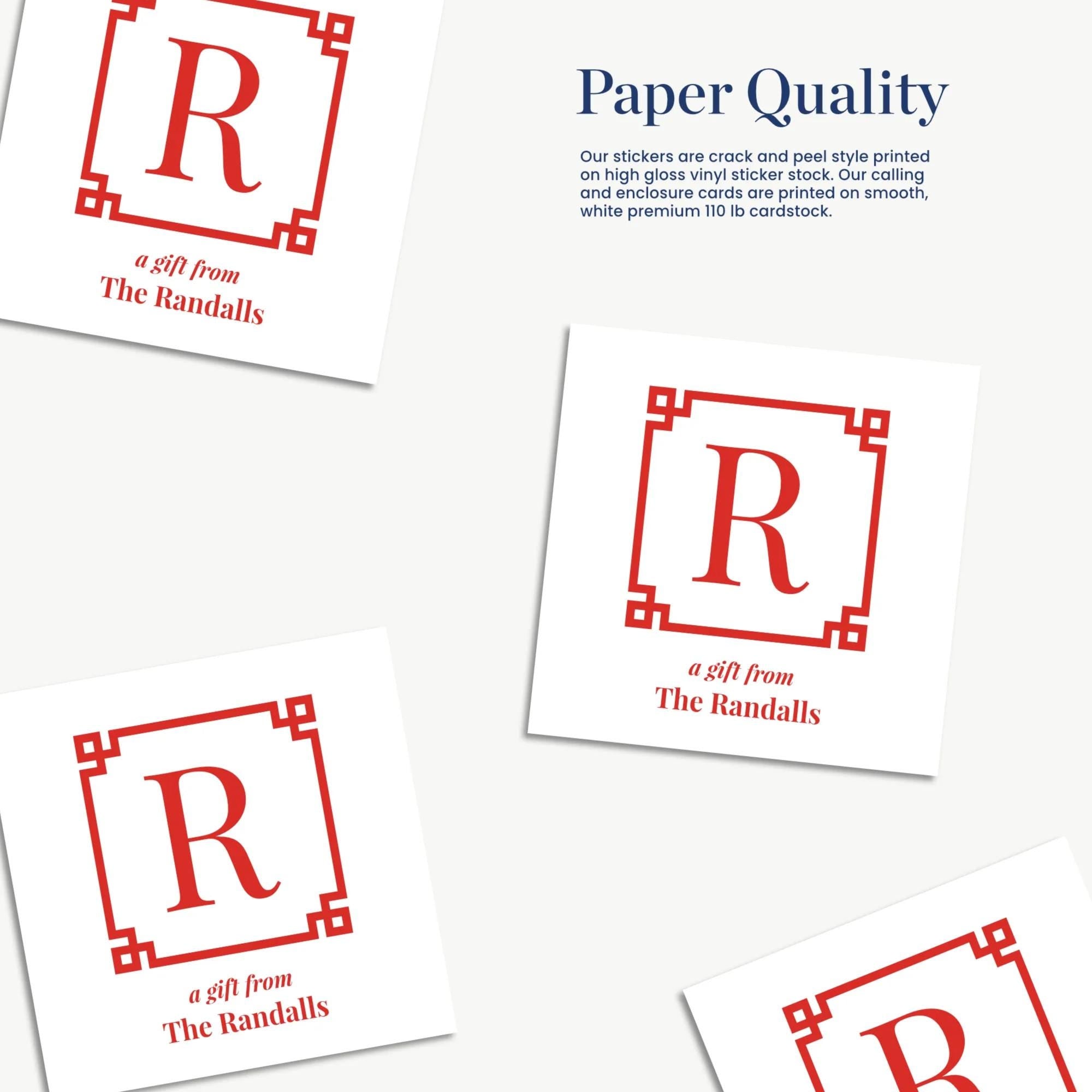a collection of four stickers with the letter "R" printed on them. The stickers are arranged in a row, and each one features a different design or pattern. The stickers are described as a gift from The Randalls, and they are printed on high-quality paper with a smooth finish.