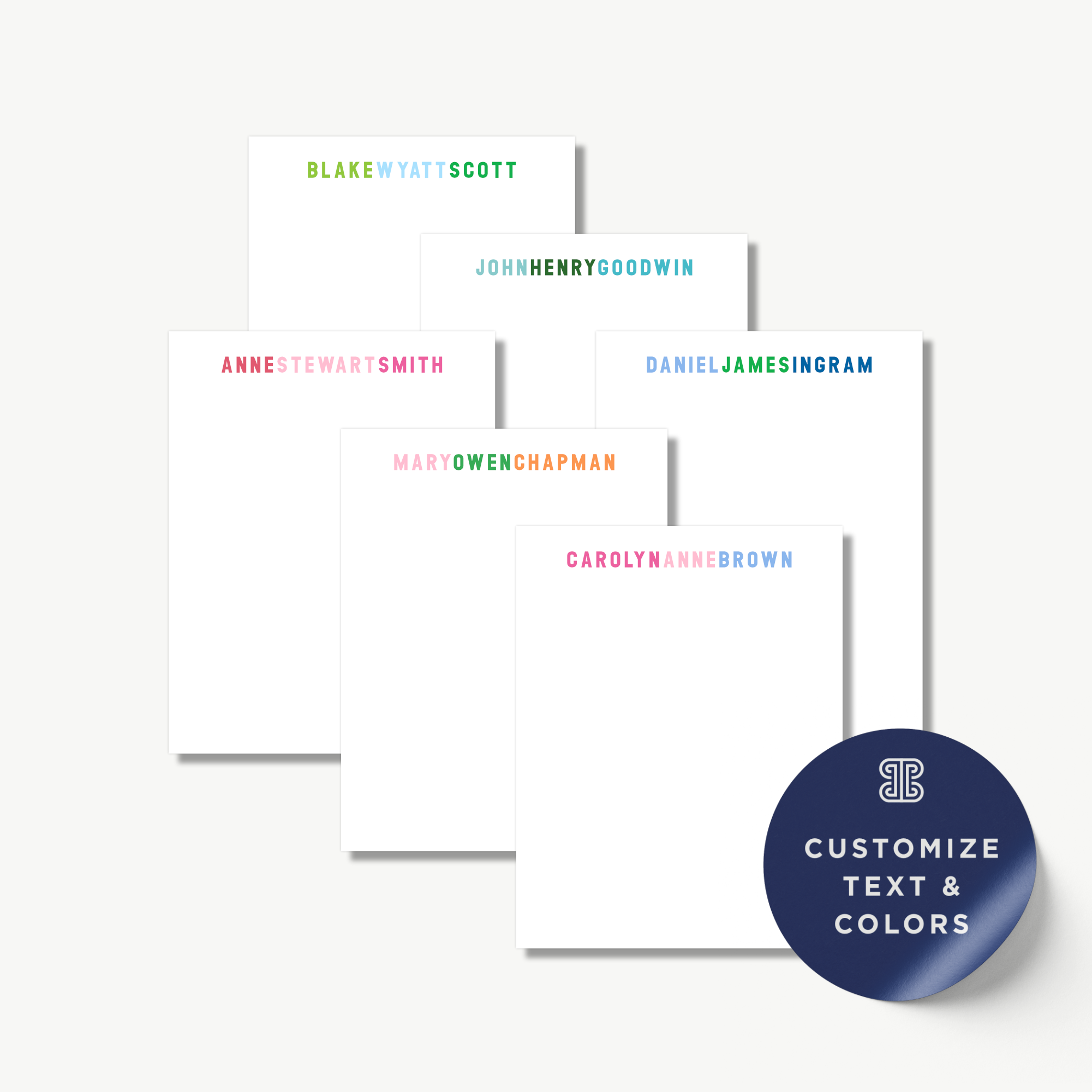 a set of personalized note pads with names printed on them, along with a sticker that says "Customize Text & Colors".
