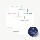 a set of personalized note pads with names printed on them, along with a sticker that says "Customize Text & Colors".