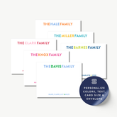 a collection of six blank cards with personalized text, each featuring a different family name. The cards are arranged in a row, and there is a blue envelope with a white label that reads "Personalize Colors, Text, Card Size & Envelope".