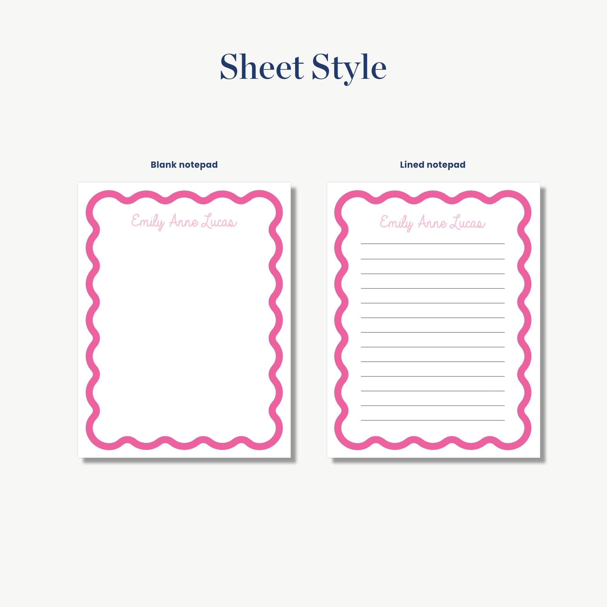 two different sheet styles, one with a blank pad and the other with lined pads. The sheet styles are labeled as "Blank pad" and "Lined pad" respectively.