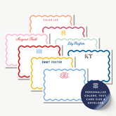 a collection of personalized name cards with scalloped edges, each featuring a unique monogram or name. The cards are arranged in a row, showcasing a variety of colors and card sizes.