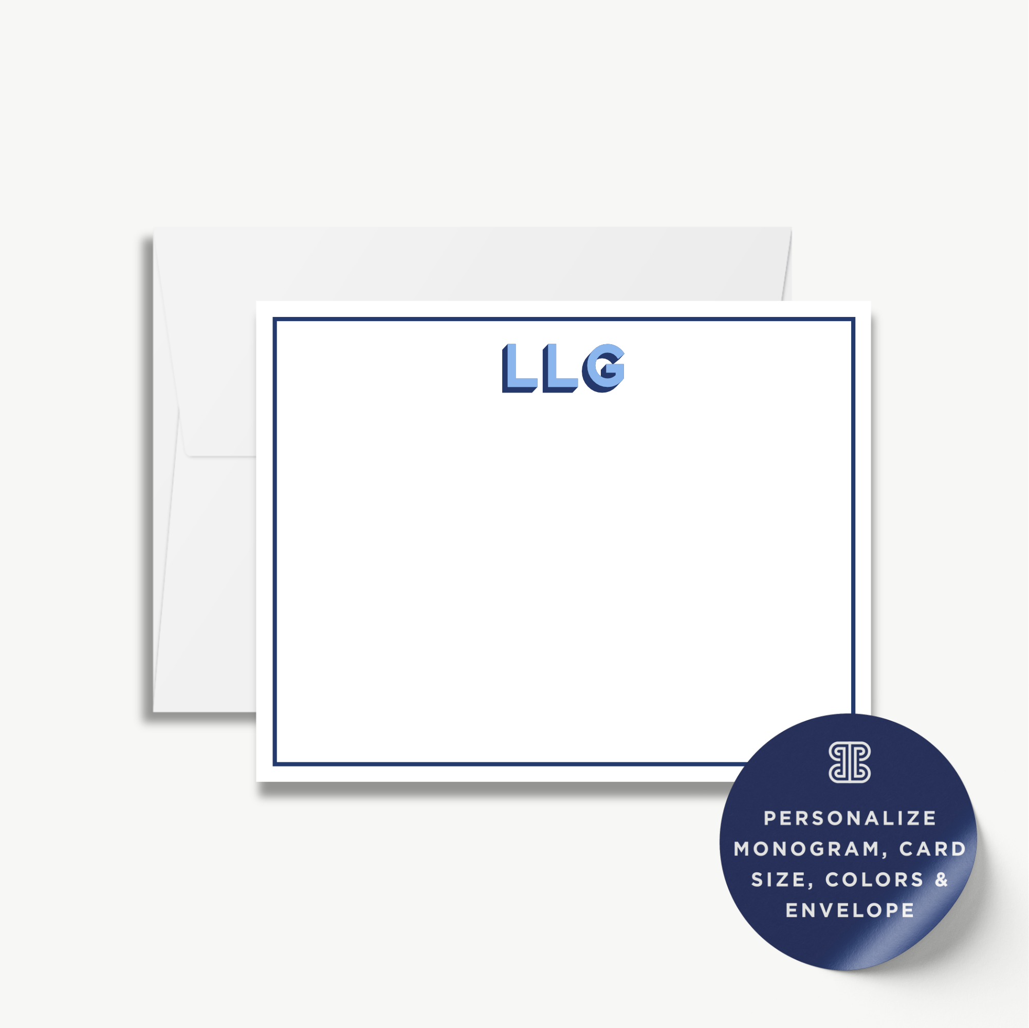 a blank personalized monogrammed card with a blue border, placed next to a round sticker that provides information about the card's customization options.