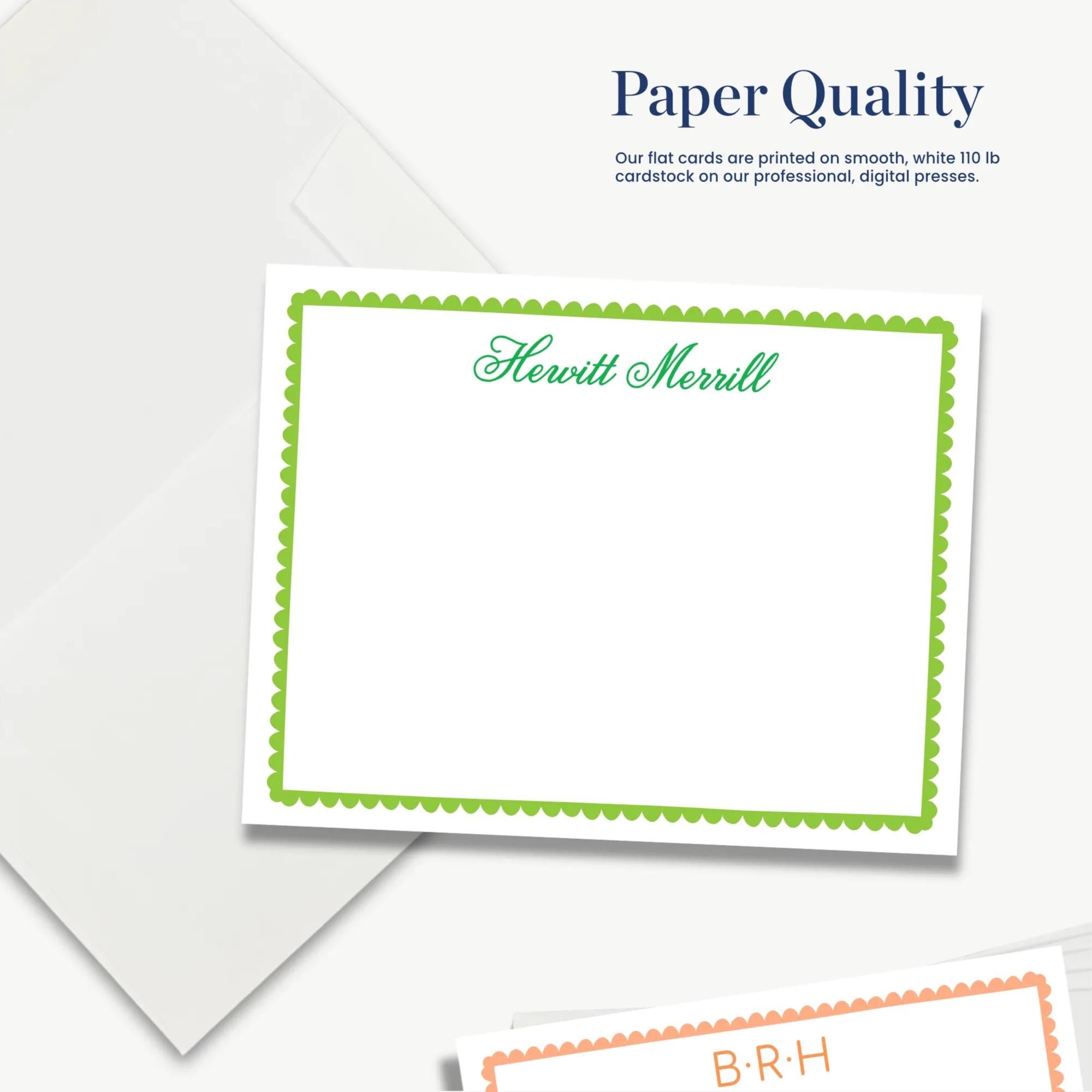 The image is a collage of two blank personalized cards, each with a green border and a nameplate. The cards are placed on a white background, and the text "Paper Quality" is visible, indicating that the cards are printed on paper.