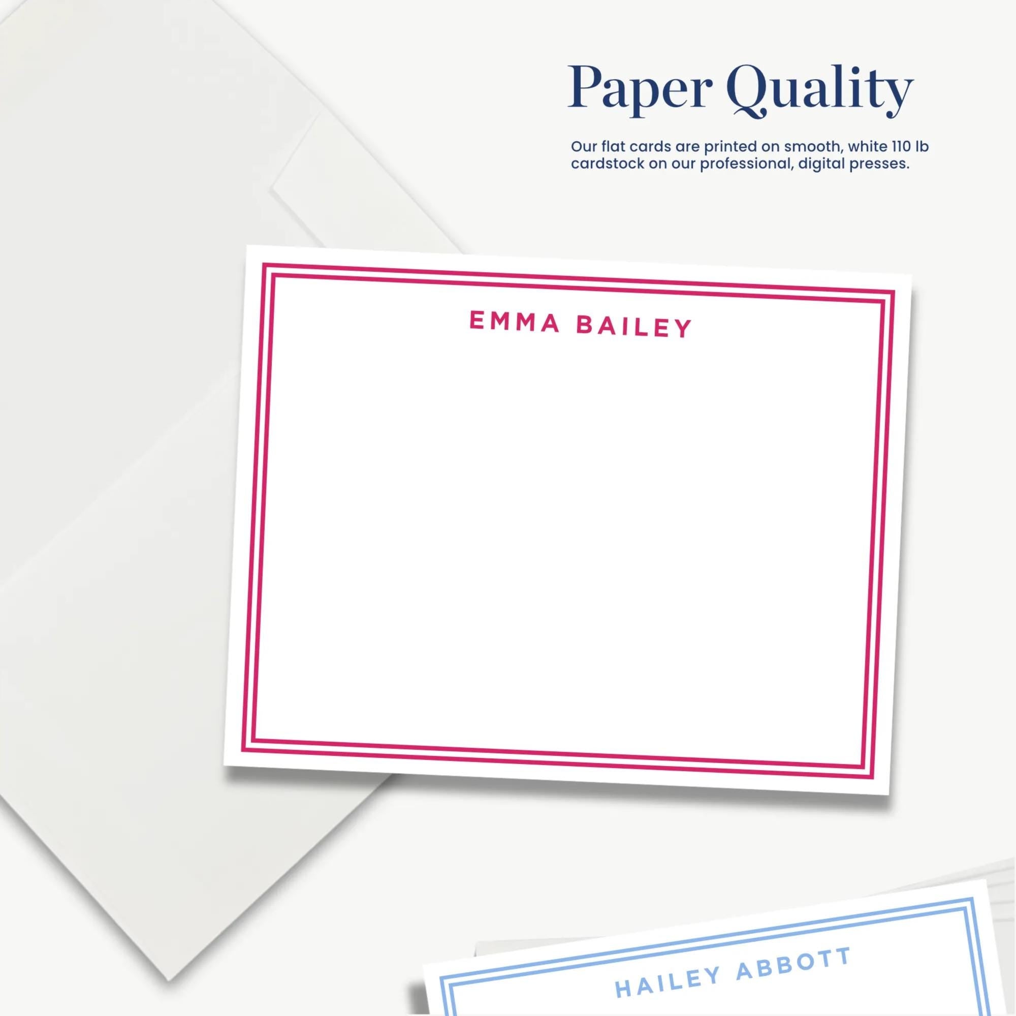 The image is a collection of two personalized stationery items, including a blank card with a nameplate and a cardstock envelope.
