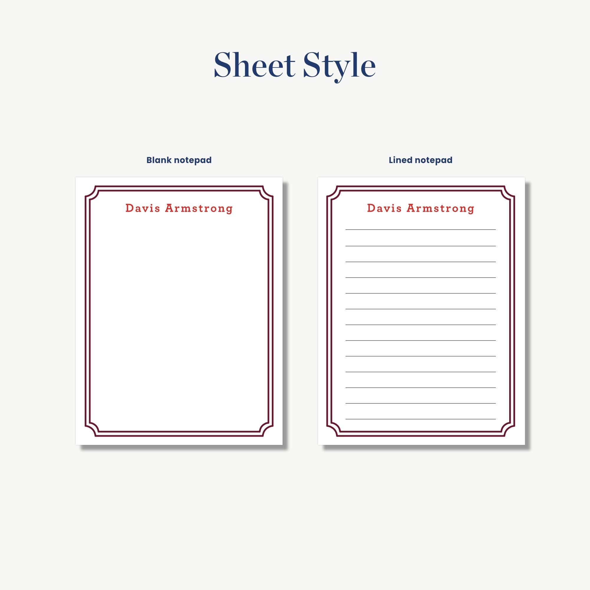 two blank notepads with red frames, one labeled "Davis Armstrong" and the other labeled "Davis Armstrong".