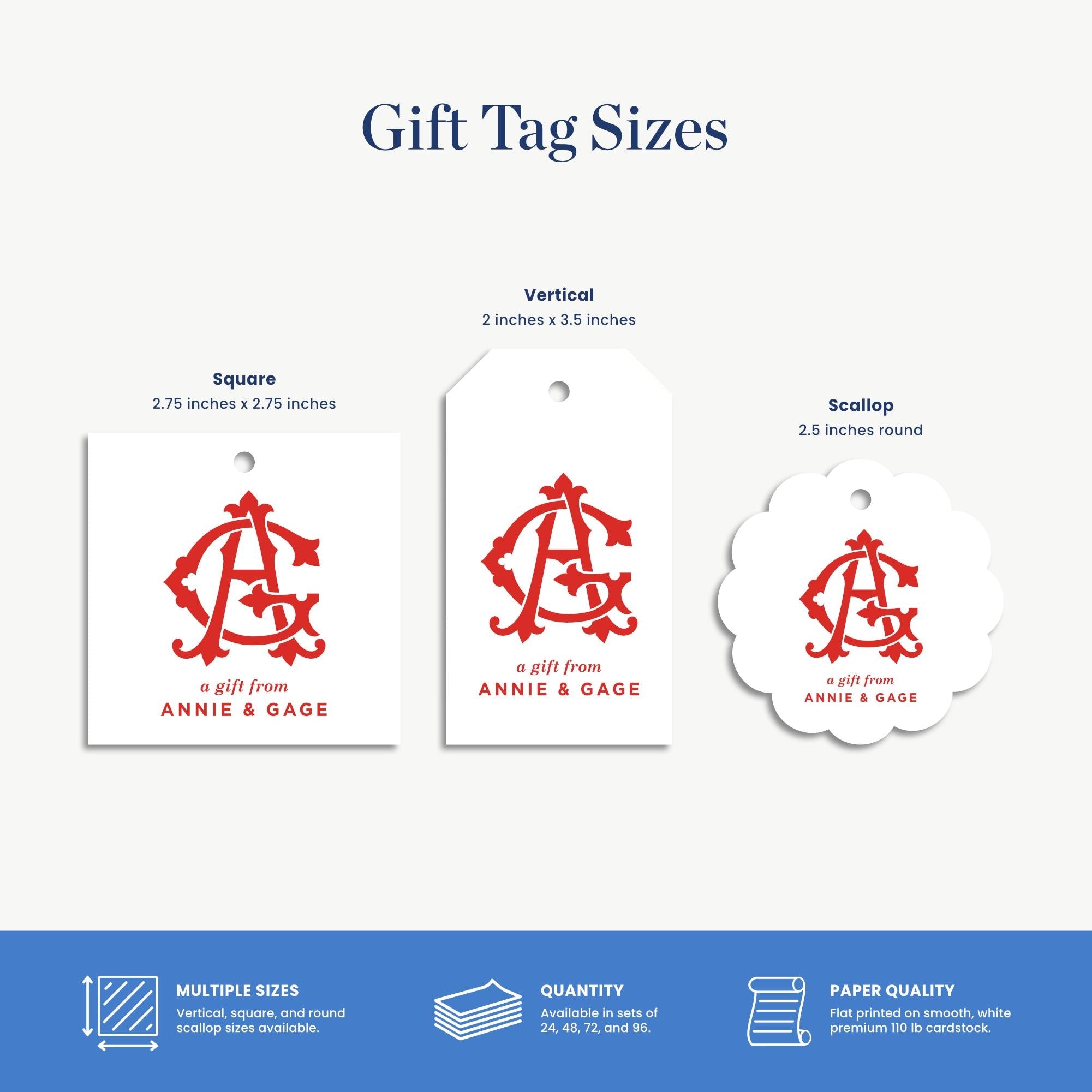 three different gift tag sizes, each with a unique design and description.