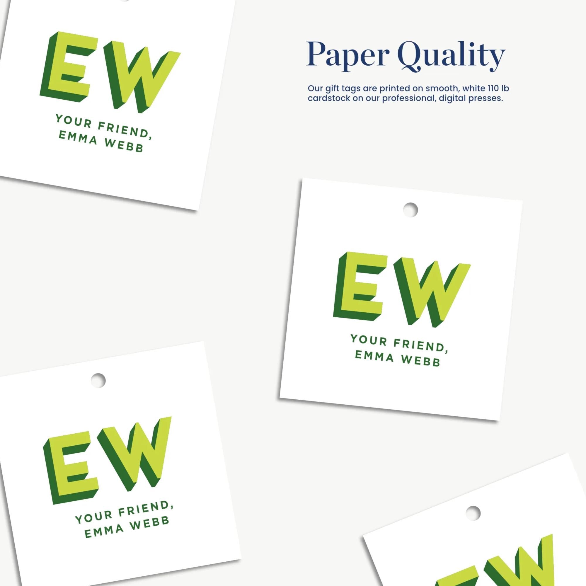 a collection of four paper tags with the same design, featuring the text "EW" in a stylized font. The tags are arranged in a grid-like pattern, with each tag placed next to its corresponding image. The text on the tags is consistent and clearly visible, making it easy to identify the design and message.