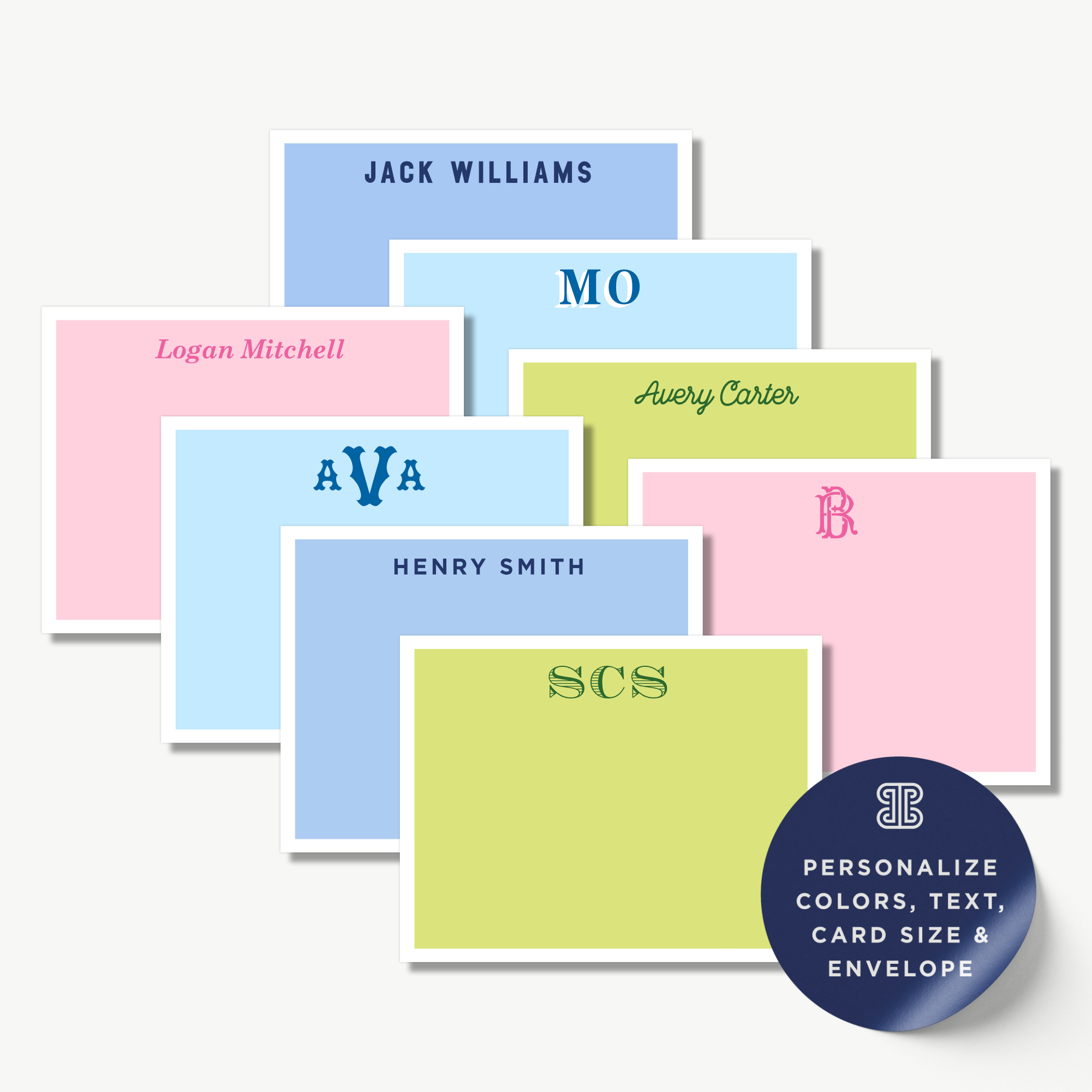 a collection of personalized name cards with various names and monograms on them, along with a label that says "Personalize Colors, Text, Card Size & Envelope".