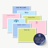 a collection of personalized name cards with various names and monograms on them, along with a label that says "Personalize Colors, Text, Card Size & Envelope".