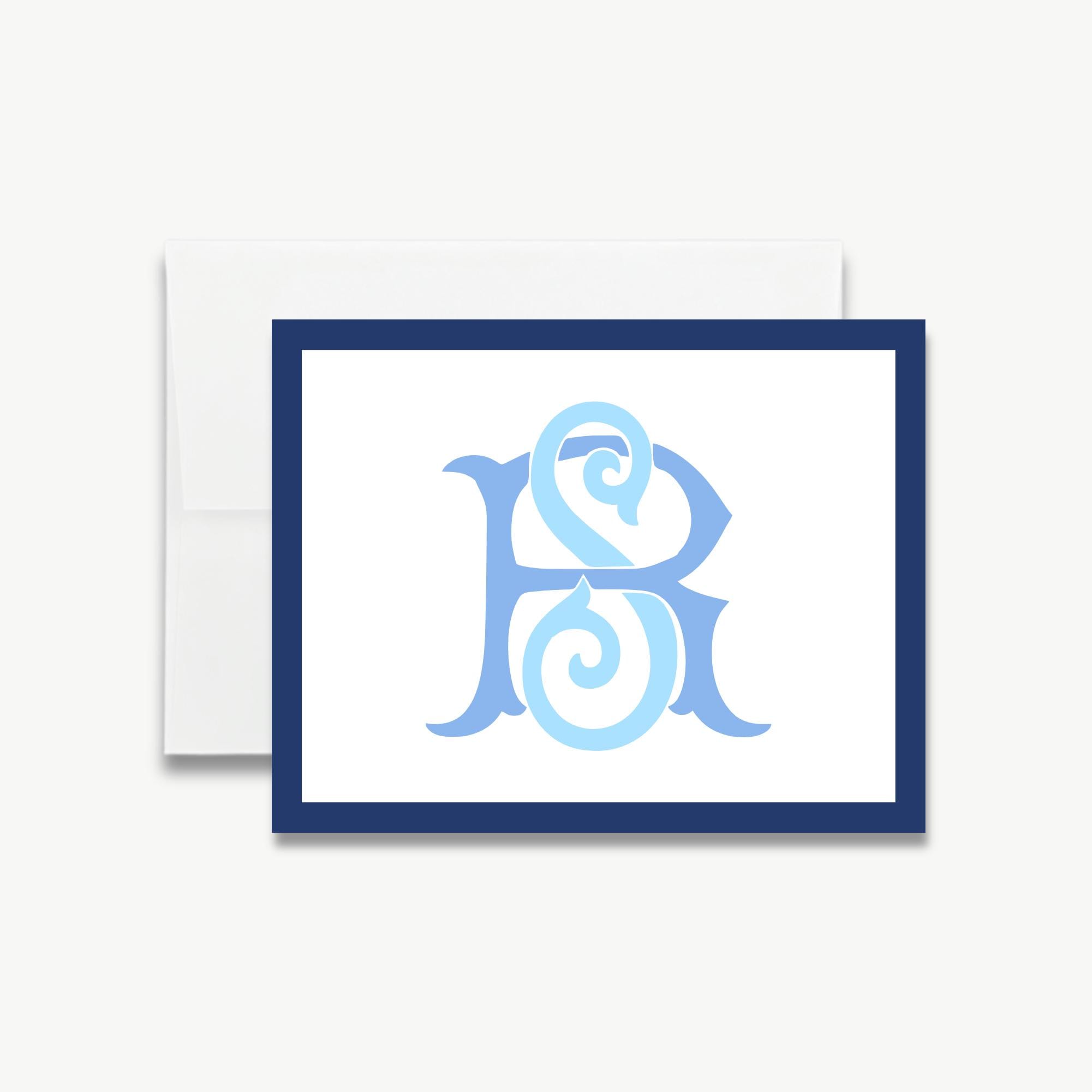 a blue and white monogram with the letters "SR" in a decorative style.