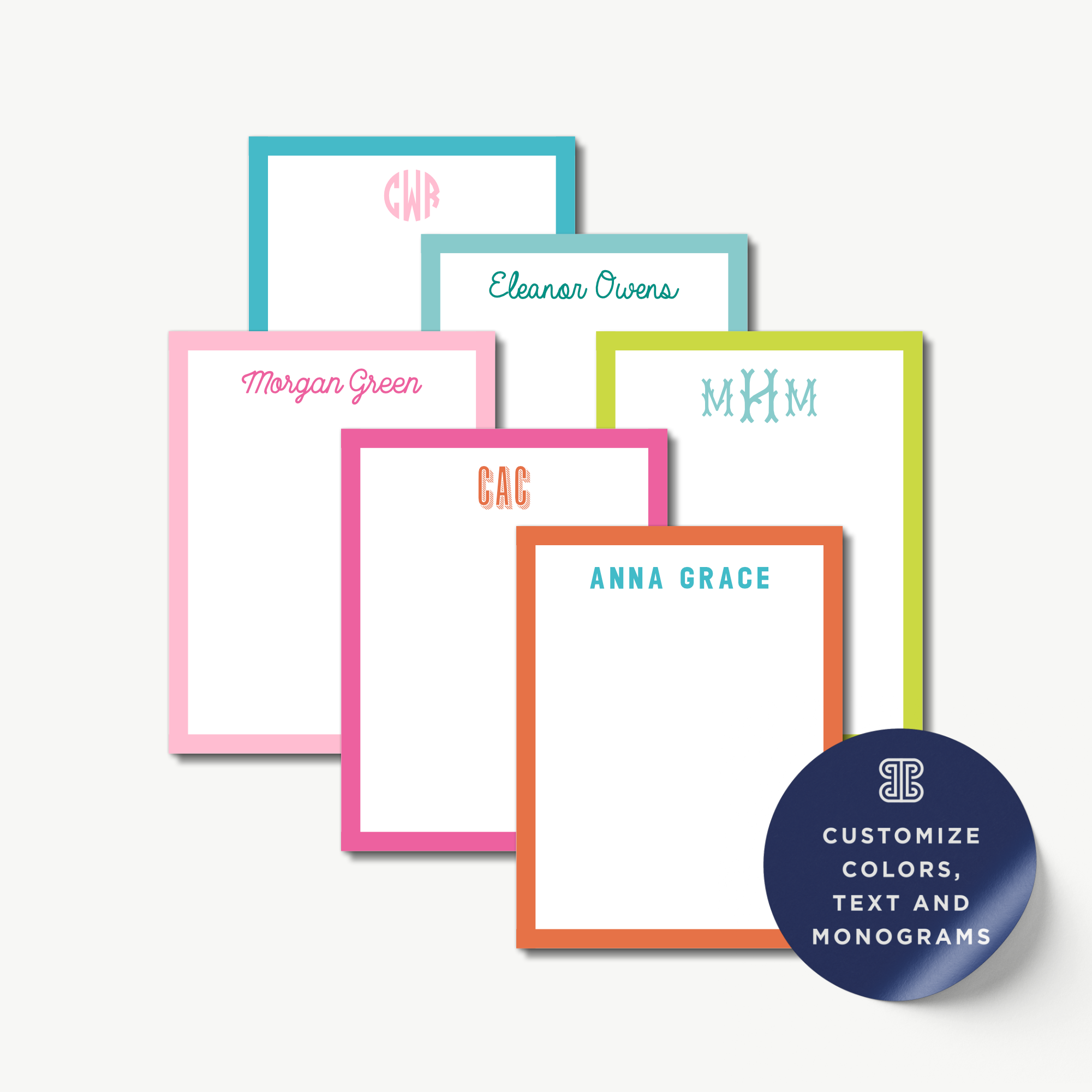 a collection of personalized name cards with different names and monogrammed initials, along with a sticker promoting customization options for colors, text, and monograms.
