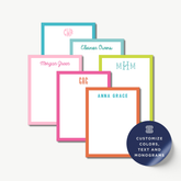 a collection of personalized name cards with different names and monogrammed initials, along with a sticker promoting customization options for colors, text, and monograms.
